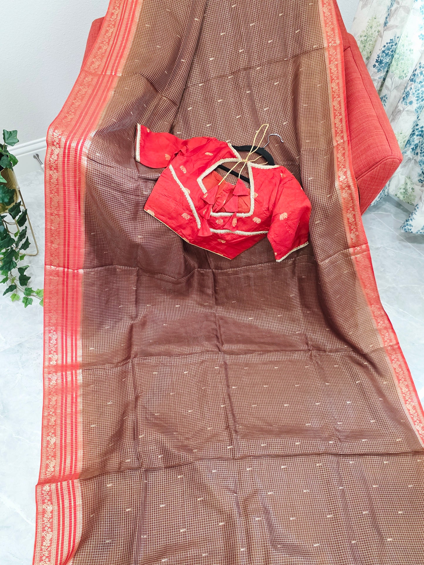 Chocolate Brown & Rustic Coral Russian Dola Crepe Silk Saree with Ready Blouse