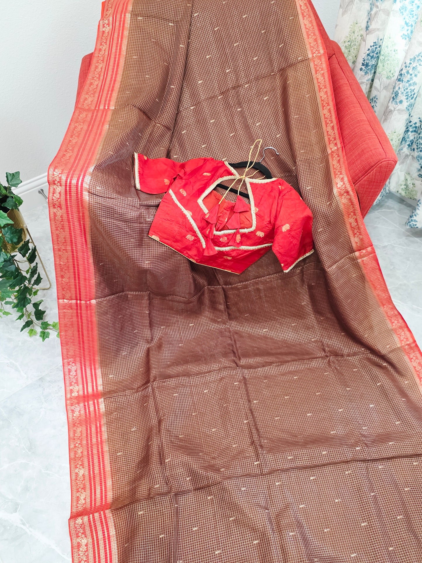 Chocolate Brown & Rustic Coral Russian Dola Crepe Silk Saree with Ready Blouse