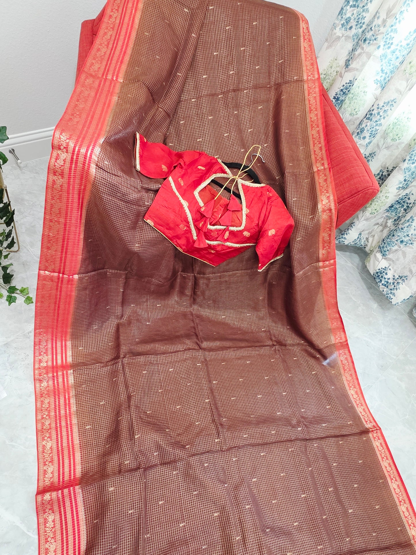 Chocolate Brown & Rustic Coral Russian Dola Crepe Silk Saree with Ready Blouse