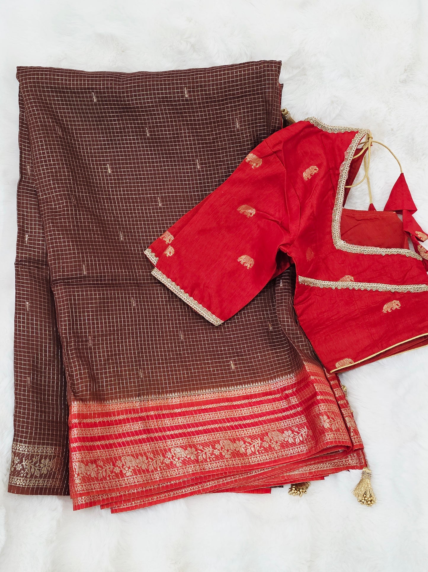 Chocolate Brown & Rustic Coral Russian Dola Crepe Silk Saree with Ready Blouse