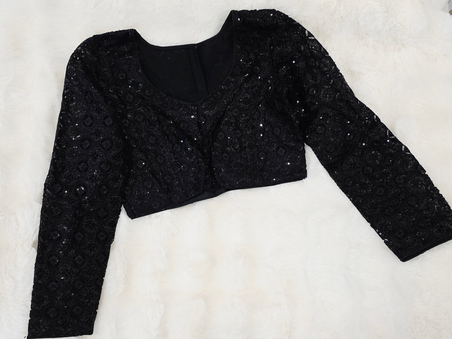 Midnight Black Net Full Sleeves Designer Blouse