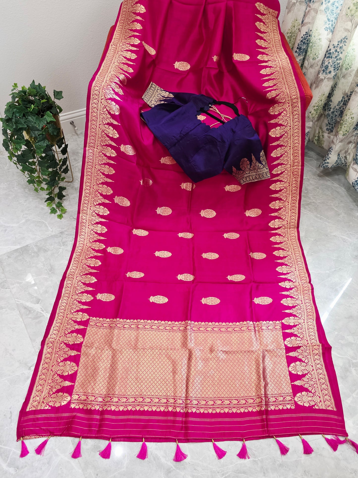 Regal Rani Pink Pure Mango Benarasi Silk Saree with Ready Blouse
