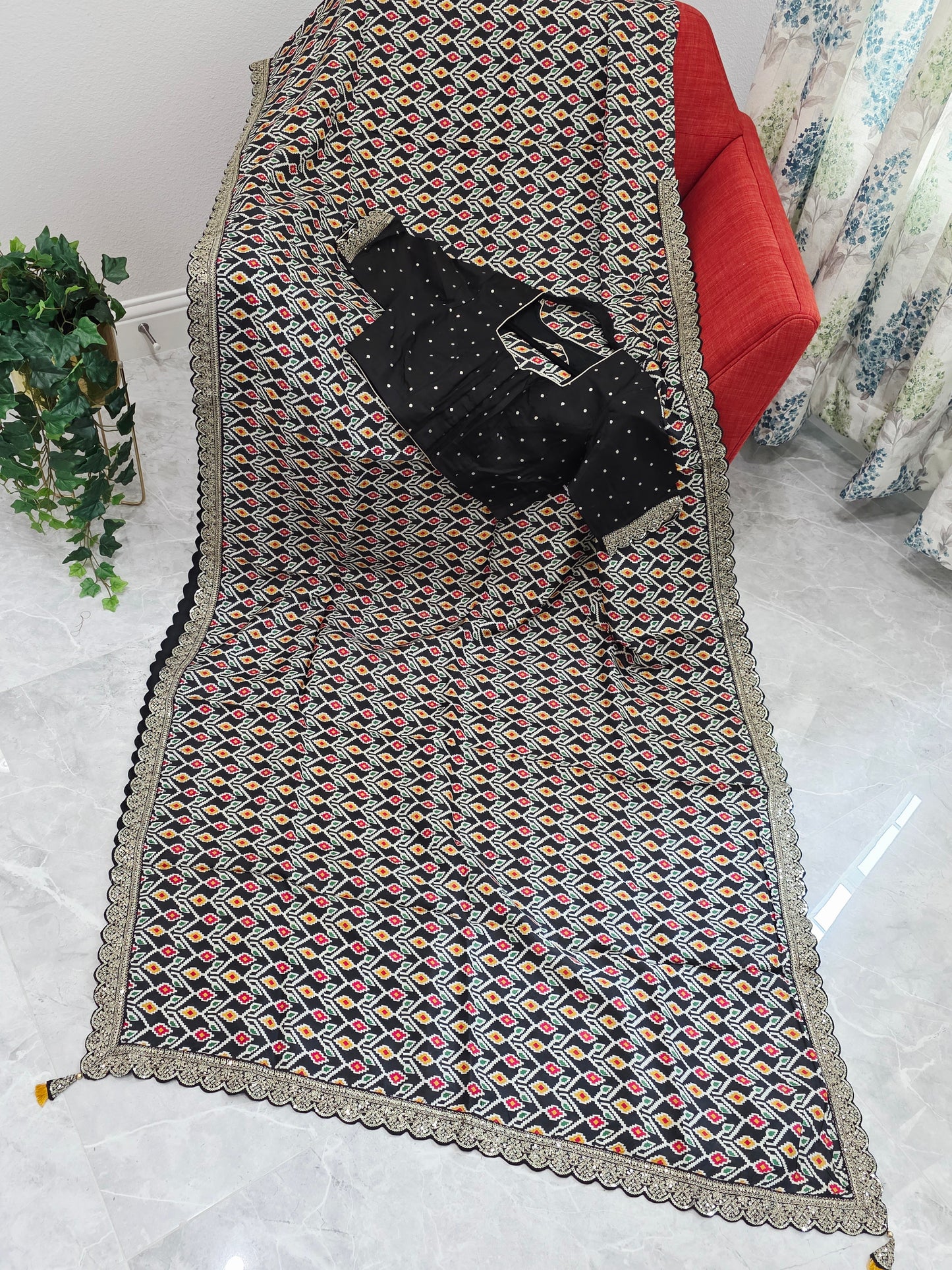 Midnight Noir Patola Print Munga Crepe Saree with Ready Blouse