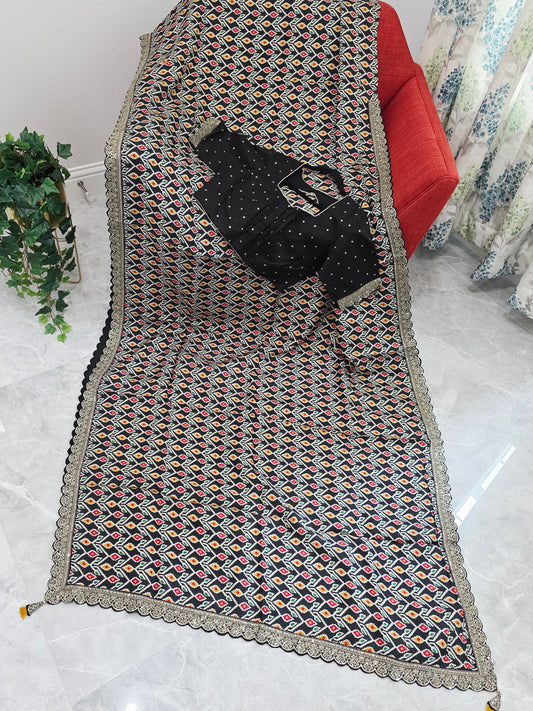 Midnight Noir Patola Print Munga Crepe Saree with Ready Blouse