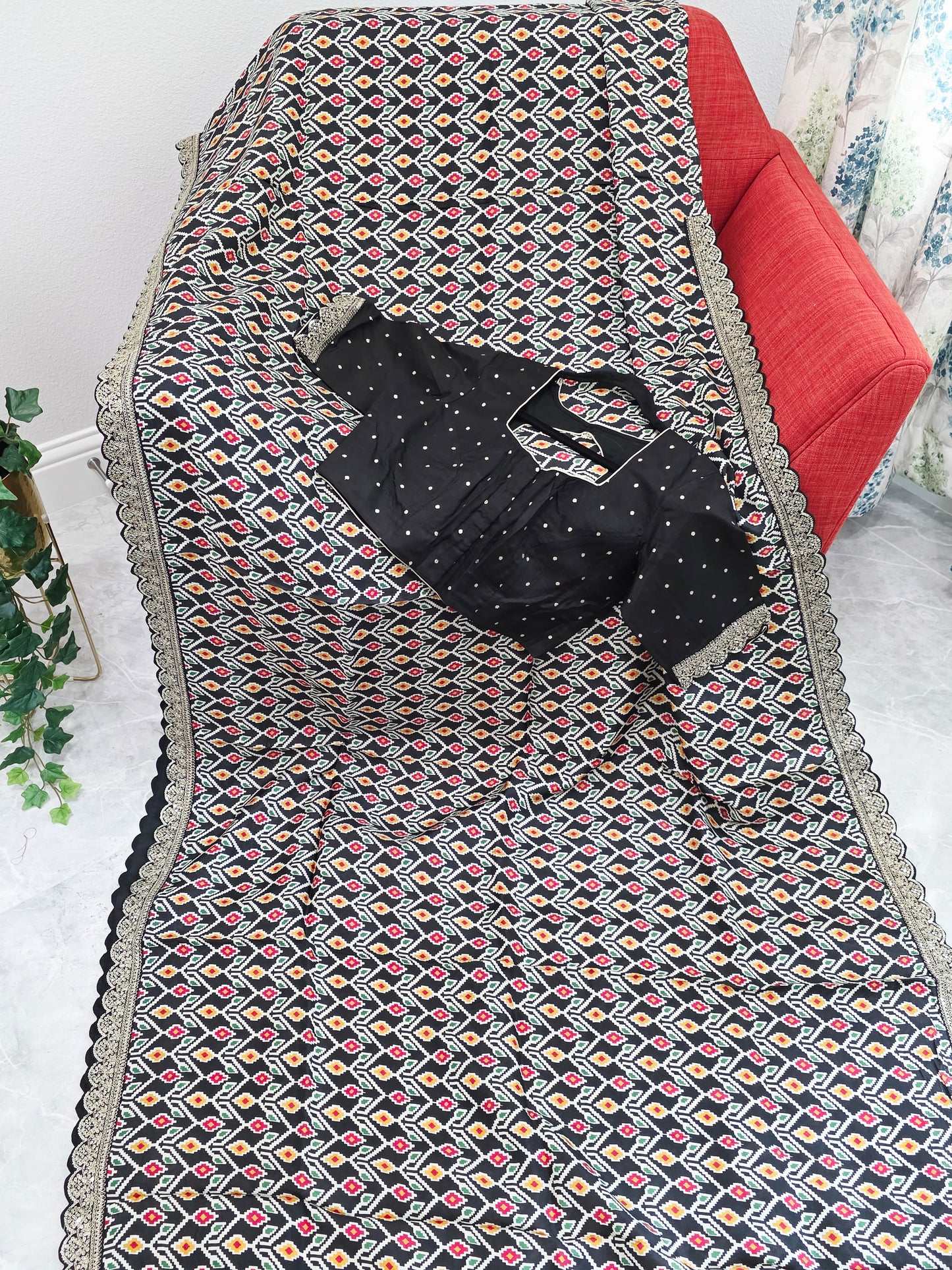 Midnight Noir Patola Print Munga Crepe Saree with Ready Blouse