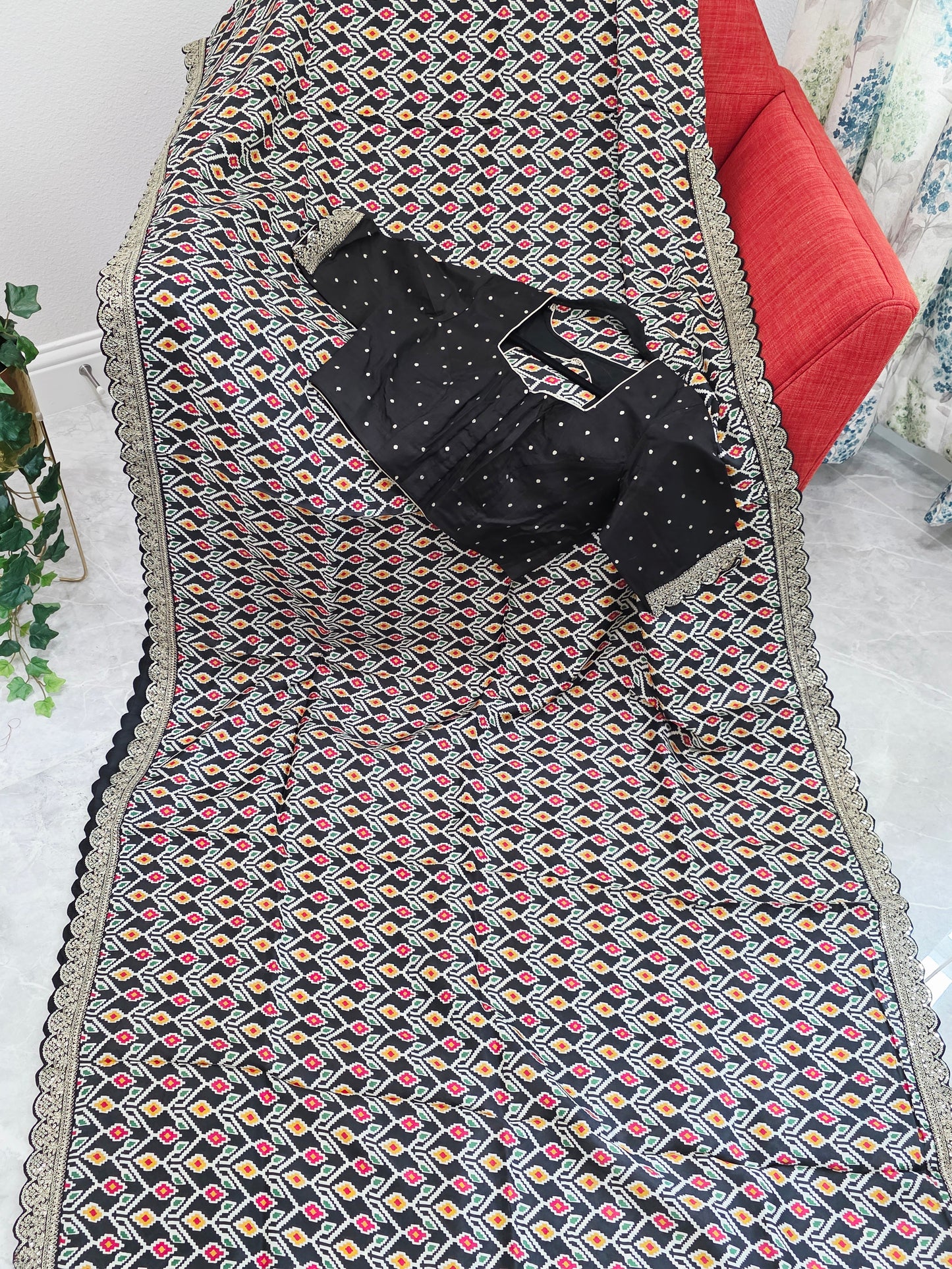 Midnight Noir Patola Print Munga Crepe Saree with Ready Blouse