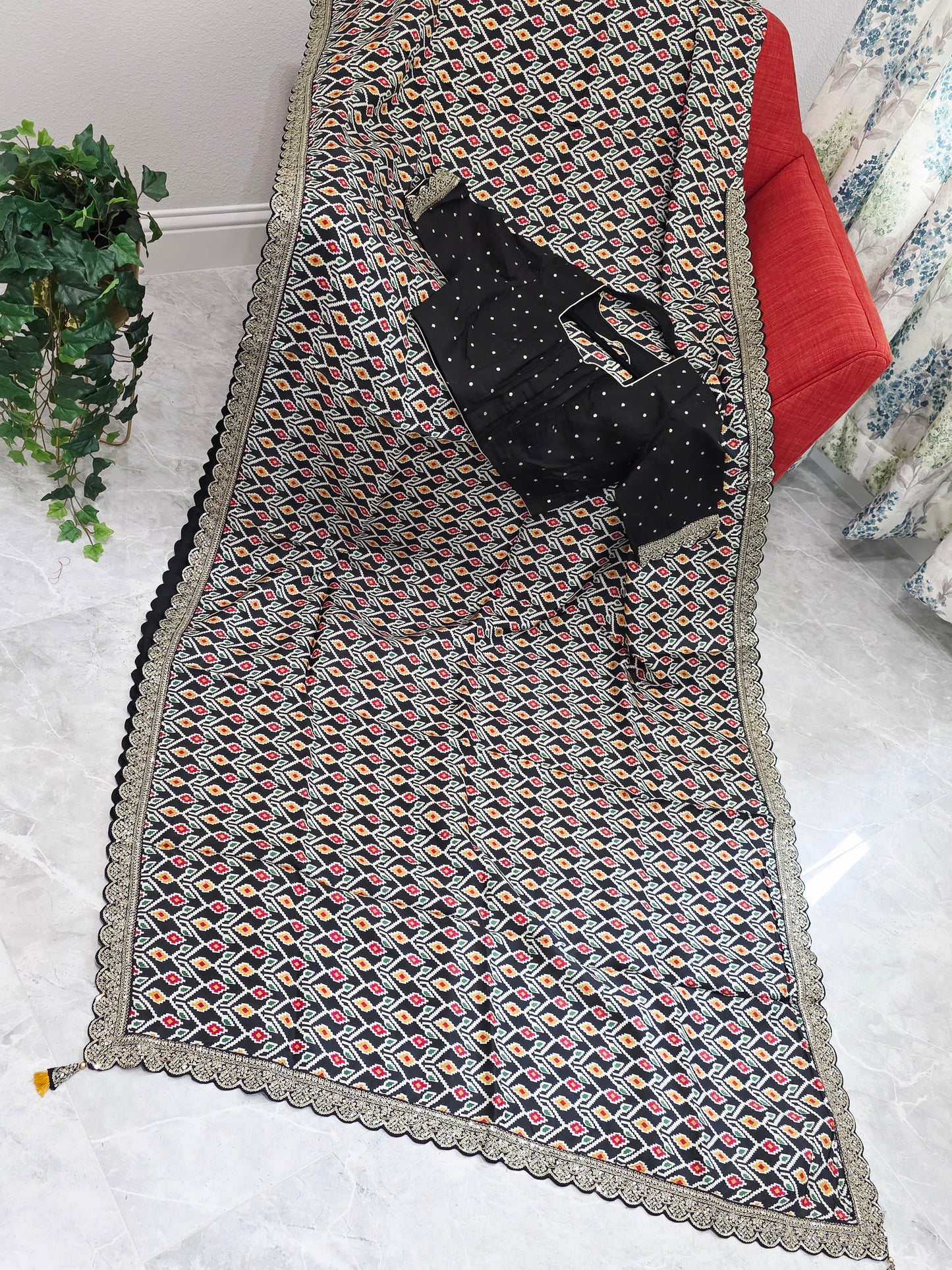 Midnight Noir Patola Print Munga Crepe Saree with Ready Blouse