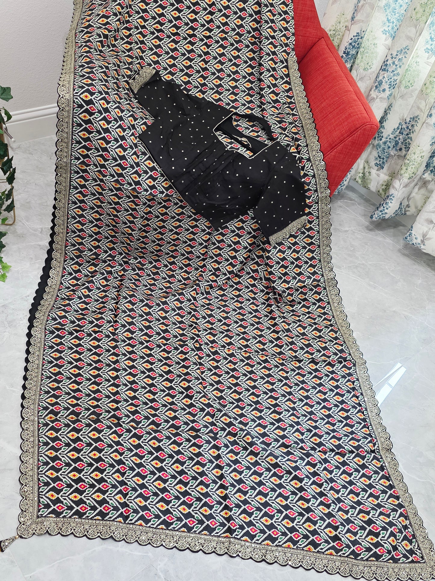 Midnight Noir Patola Print Munga Crepe Saree with Ready Blouse