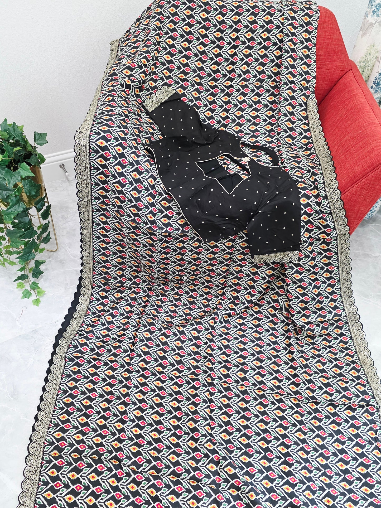 Midnight Noir Patola Print Munga Crepe Saree with Ready Blouse