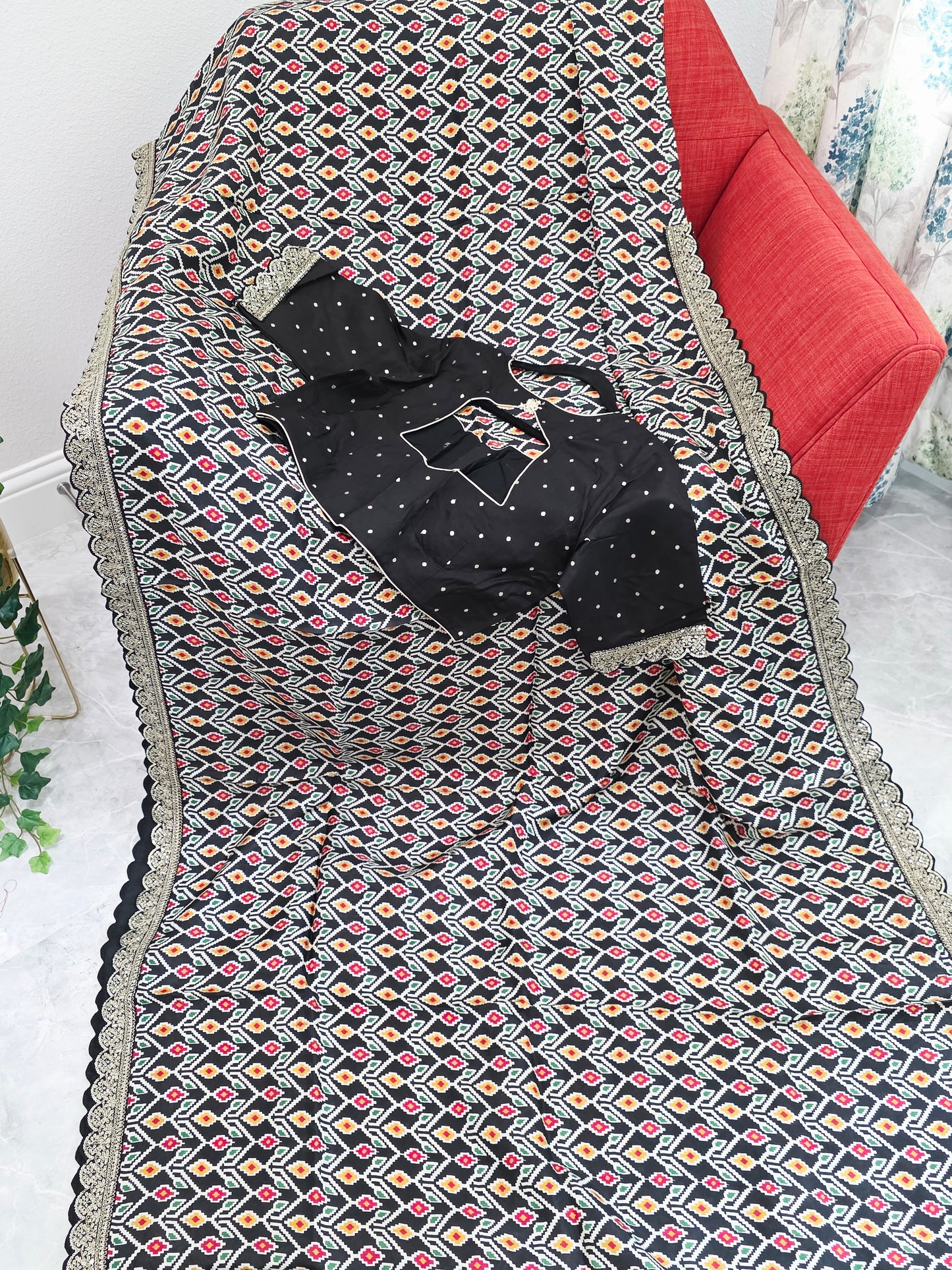 Midnight Noir Patola Print Munga Crepe Saree with Ready Blouse