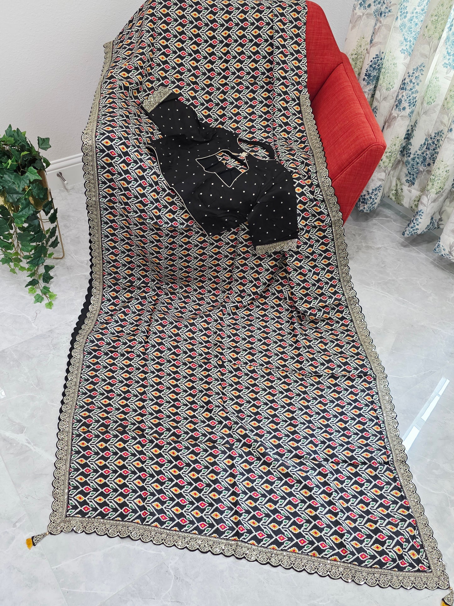 Midnight Noir Patola Print Munga Crepe Saree with Ready Blouse