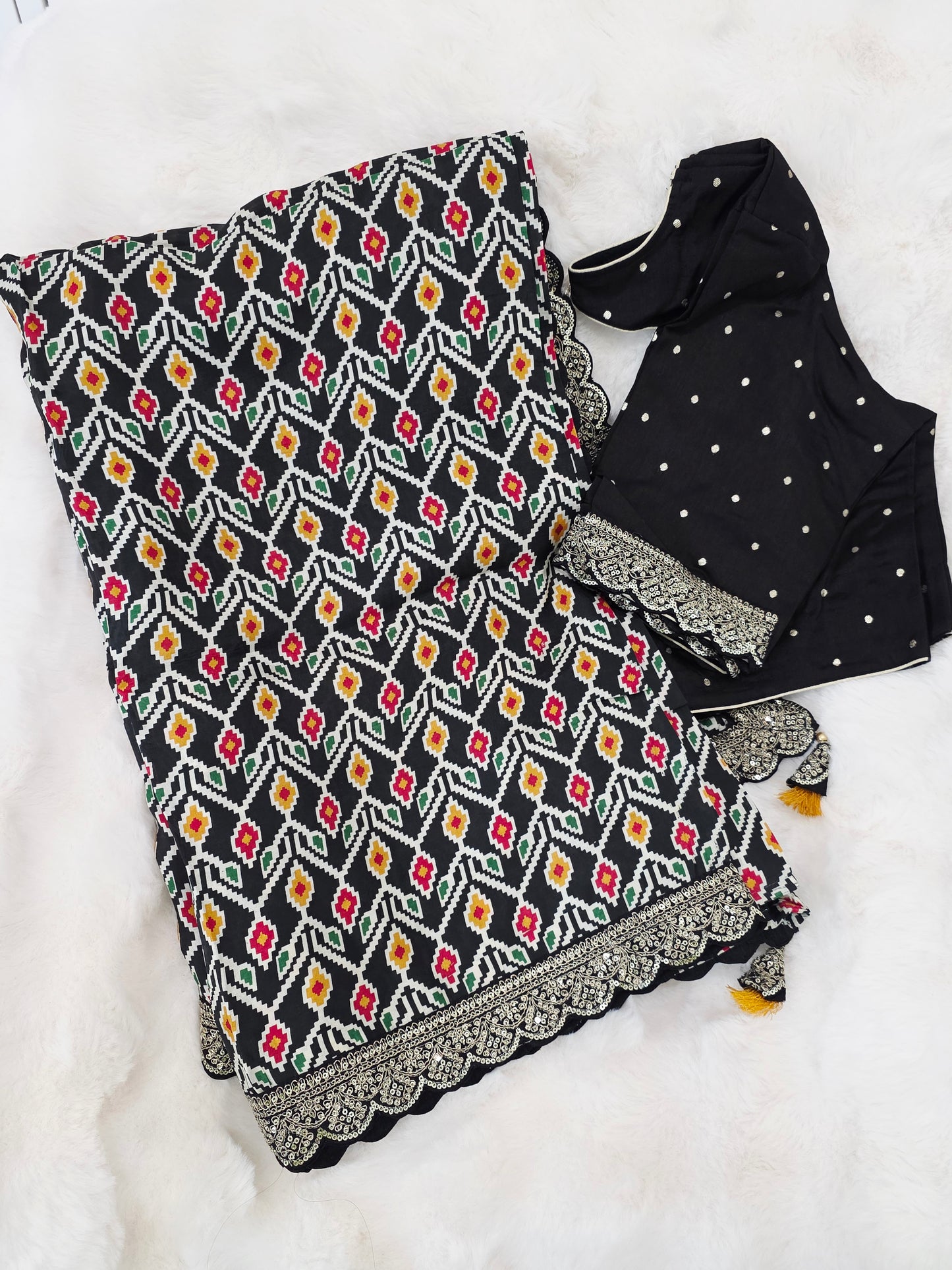 Midnight Noir Patola Print Munga Crepe Saree with Ready Blouse