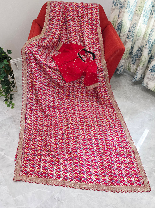 Royal Scarlet Patola Print Munga Crepe Saree with Ready Blouse