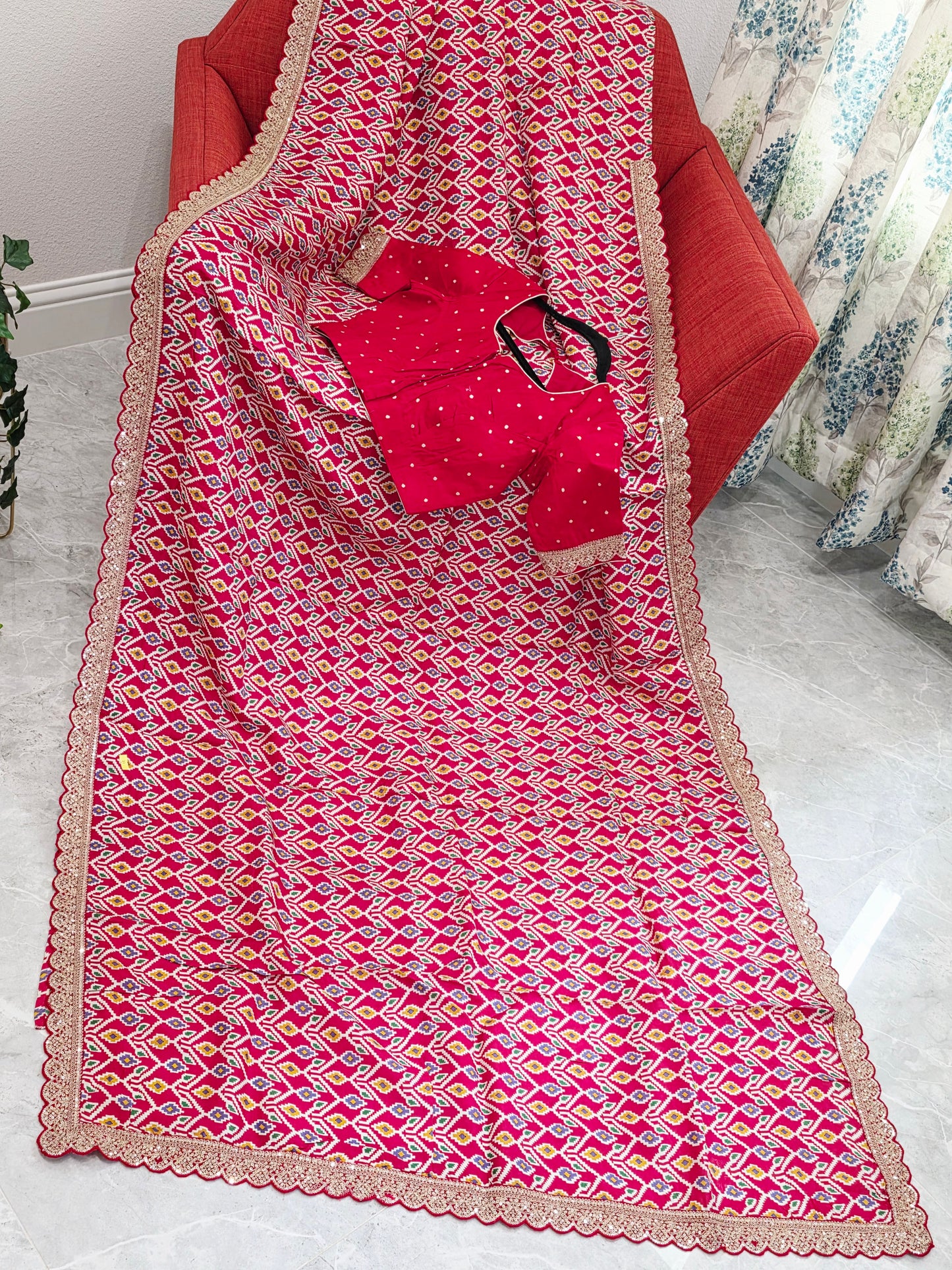 Royal Scarlet Patola Print Munga Crepe Saree with Ready Blouse