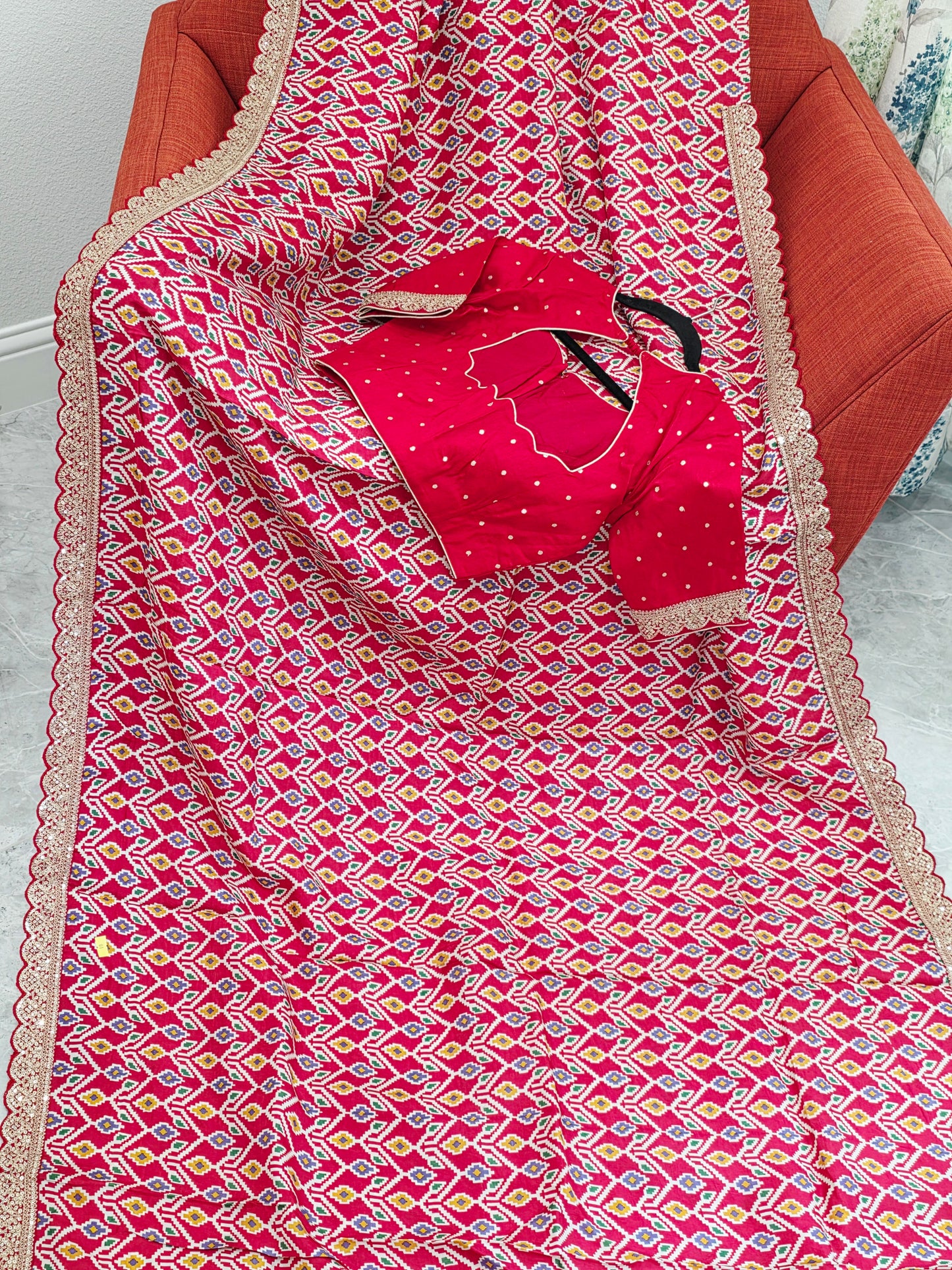Royal Scarlet Patola Print Munga Crepe Saree with Ready Blouse