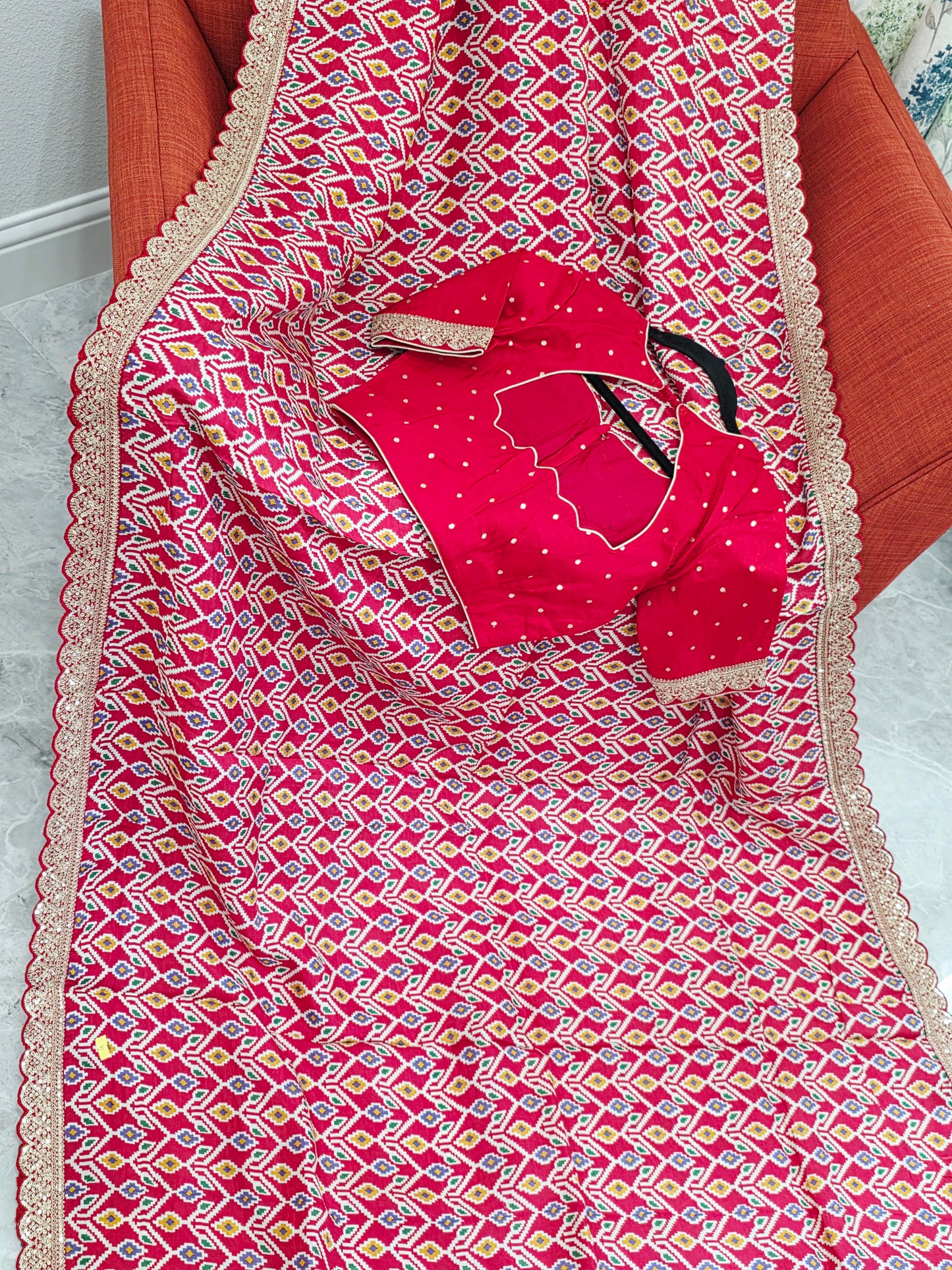 Royal Scarlet Patola Print Munga Crepe Saree with Ready Blouse