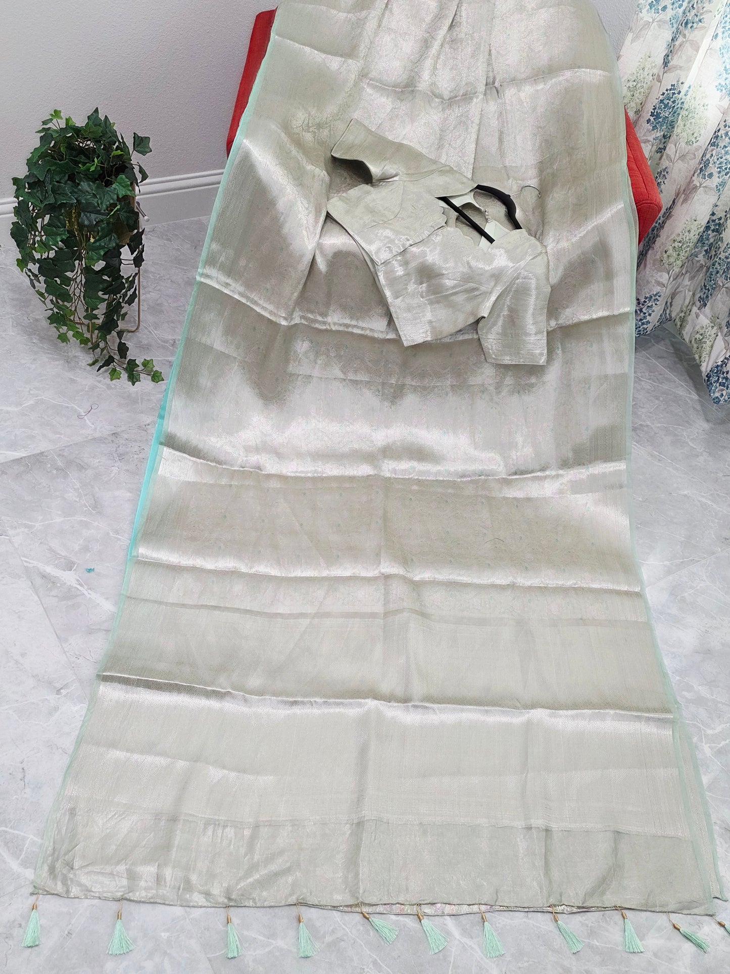 Pastel Mint Silver Benarasi Brocade Style Tissue Saree with Stitched Blouse