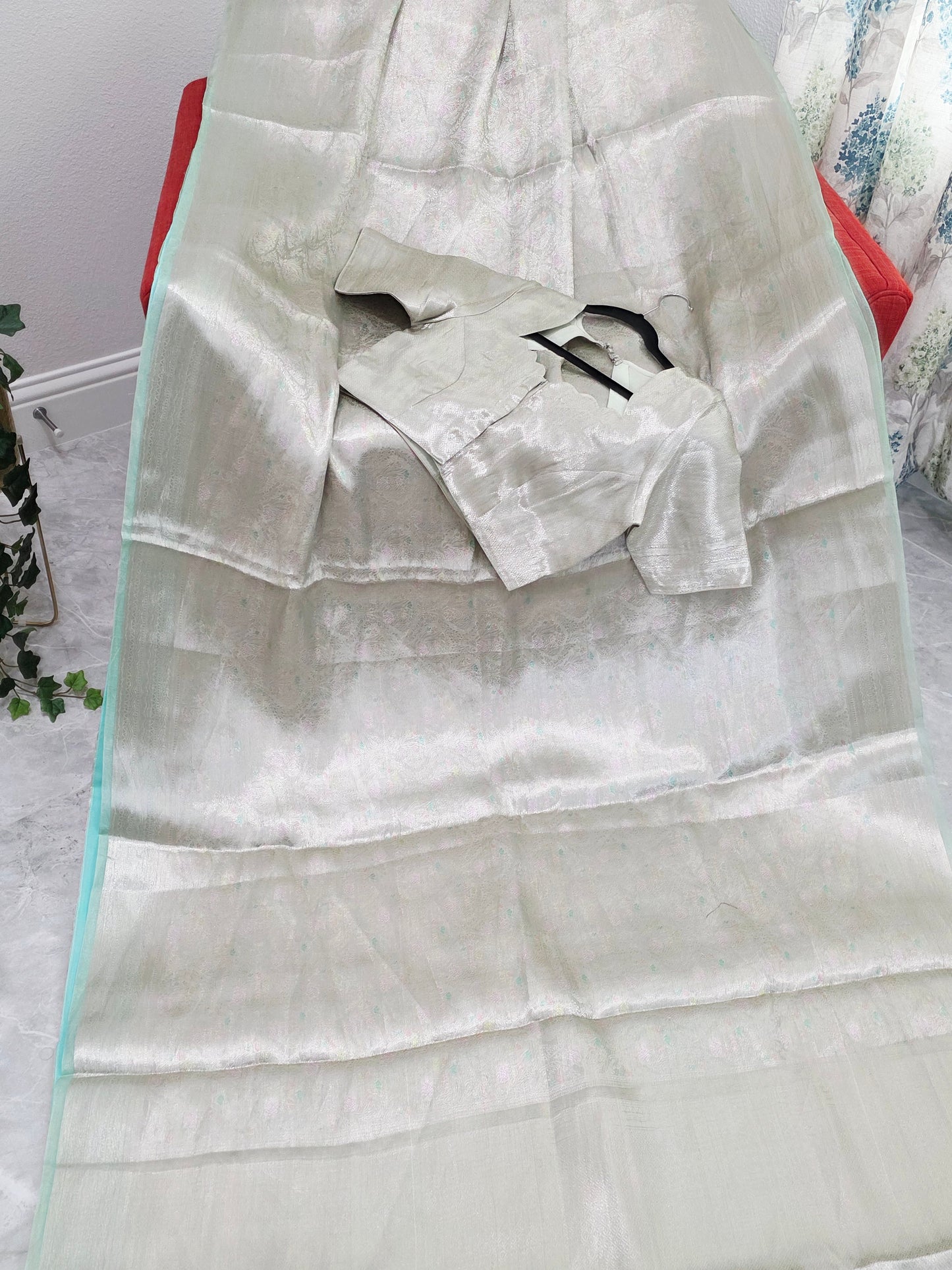 Pastel Mint Silver Benarasi Brocade Style Tissue Saree with Stitched Blouse