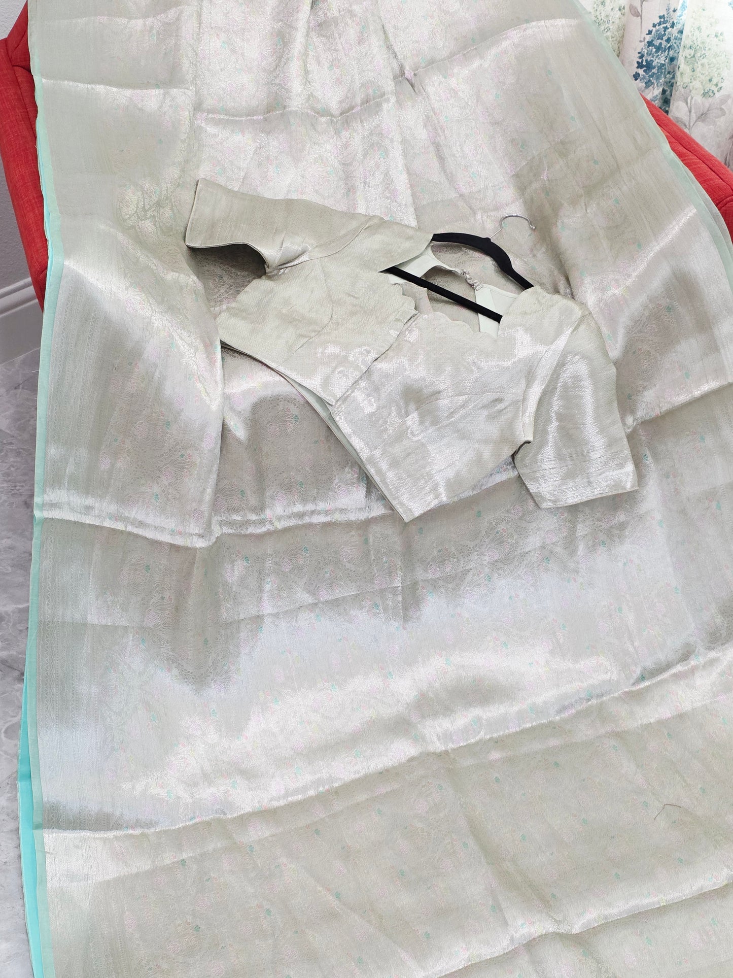 Pastel Mint Silver Benarasi Brocade Style Tissue Saree with Stitched Blouse