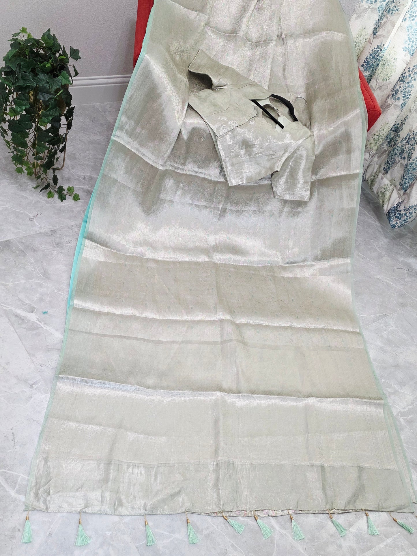 Pastel Mint Silver Benarasi Brocade Style Tissue Saree with Stitched Blouse
