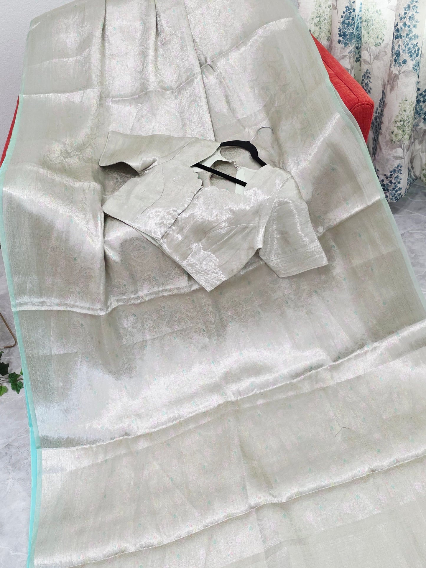 Pastel Mint Silver Benarasi Brocade Style Tissue Saree with Stitched Blouse