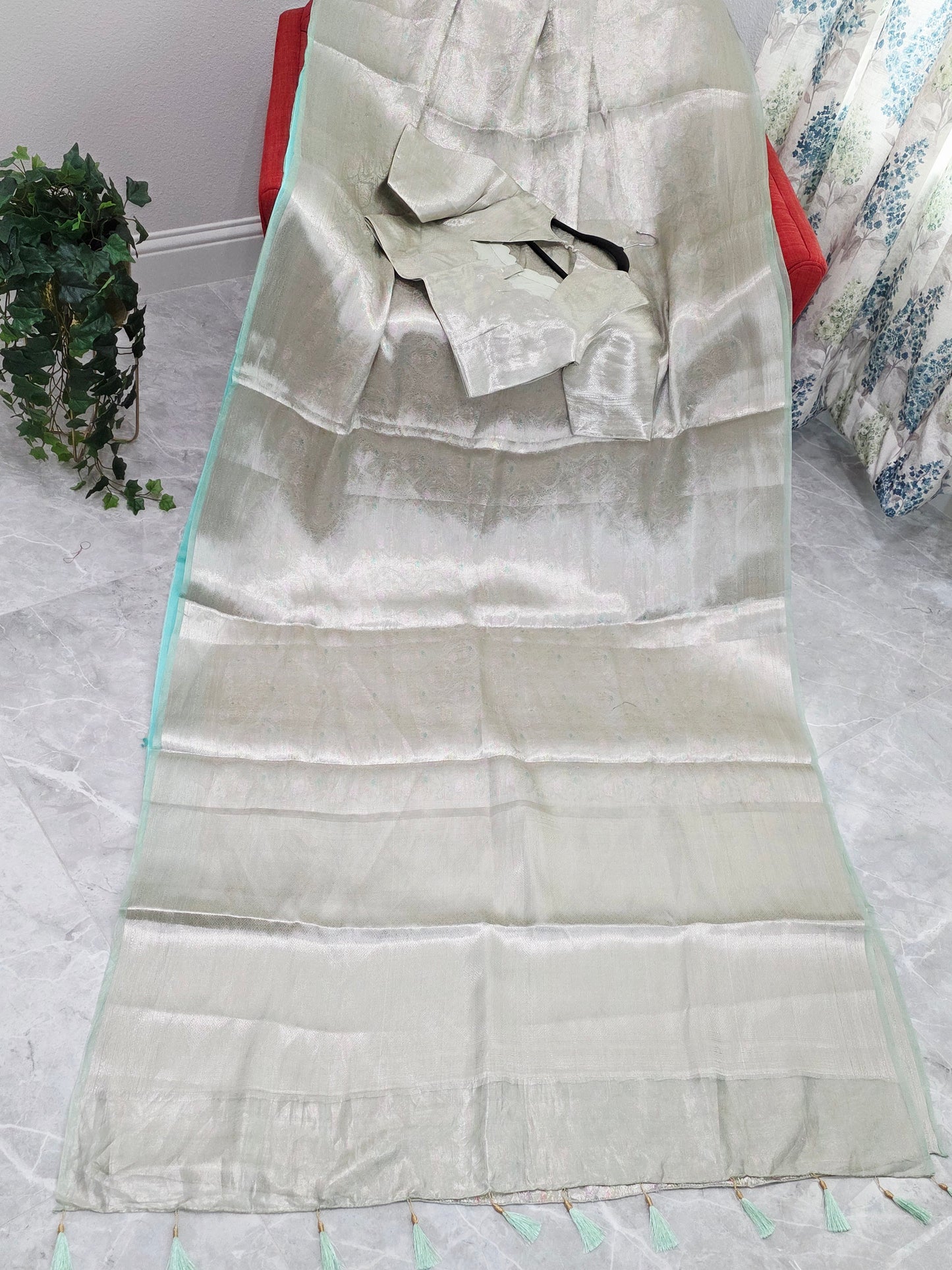 Pastel Mint Silver Benarasi Brocade Style Tissue Saree with Stitched Blouse