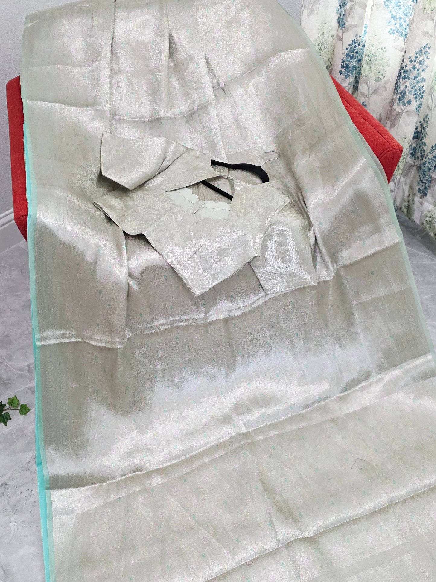 Pastel Mint Silver Benarasi Brocade Style Tissue Saree with Stitched Blouse