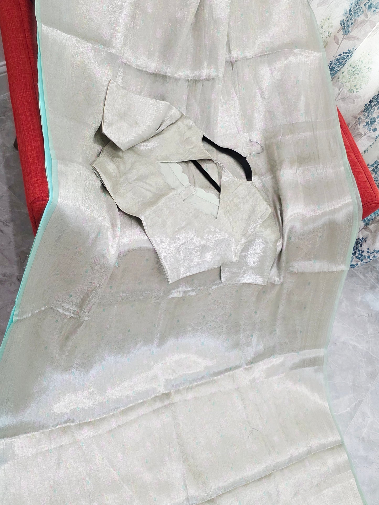 Pastel Mint Silver Benarasi Brocade Style Tissue Saree with Stitched Blouse