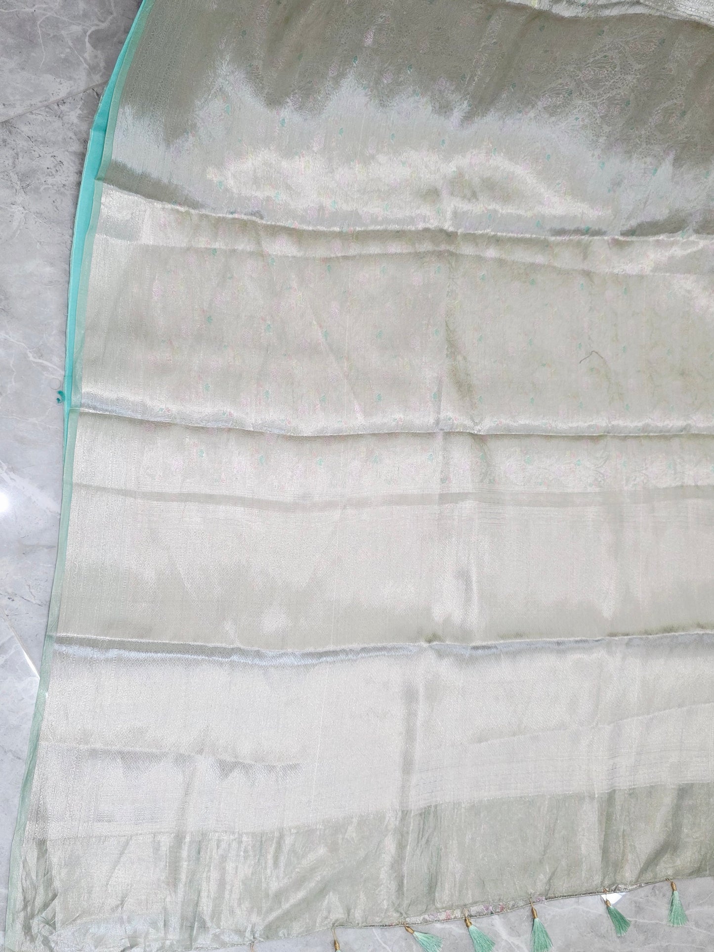 Pastel Mint Silver Benarasi Brocade Style Tissue Saree with Stitched Blouse