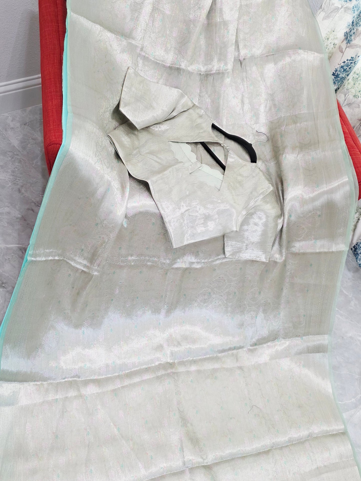 Pastel Mint Silver Benarasi Brocade Style Tissue Saree with Stitched Blouse