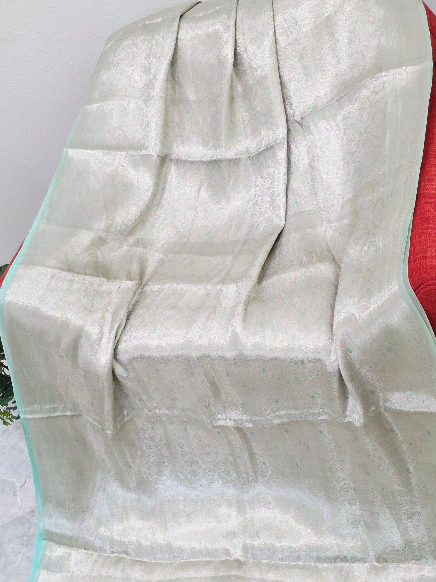 Pastel Mint Silver Benarasi Brocade Style Tissue Saree with Stitched Blouse