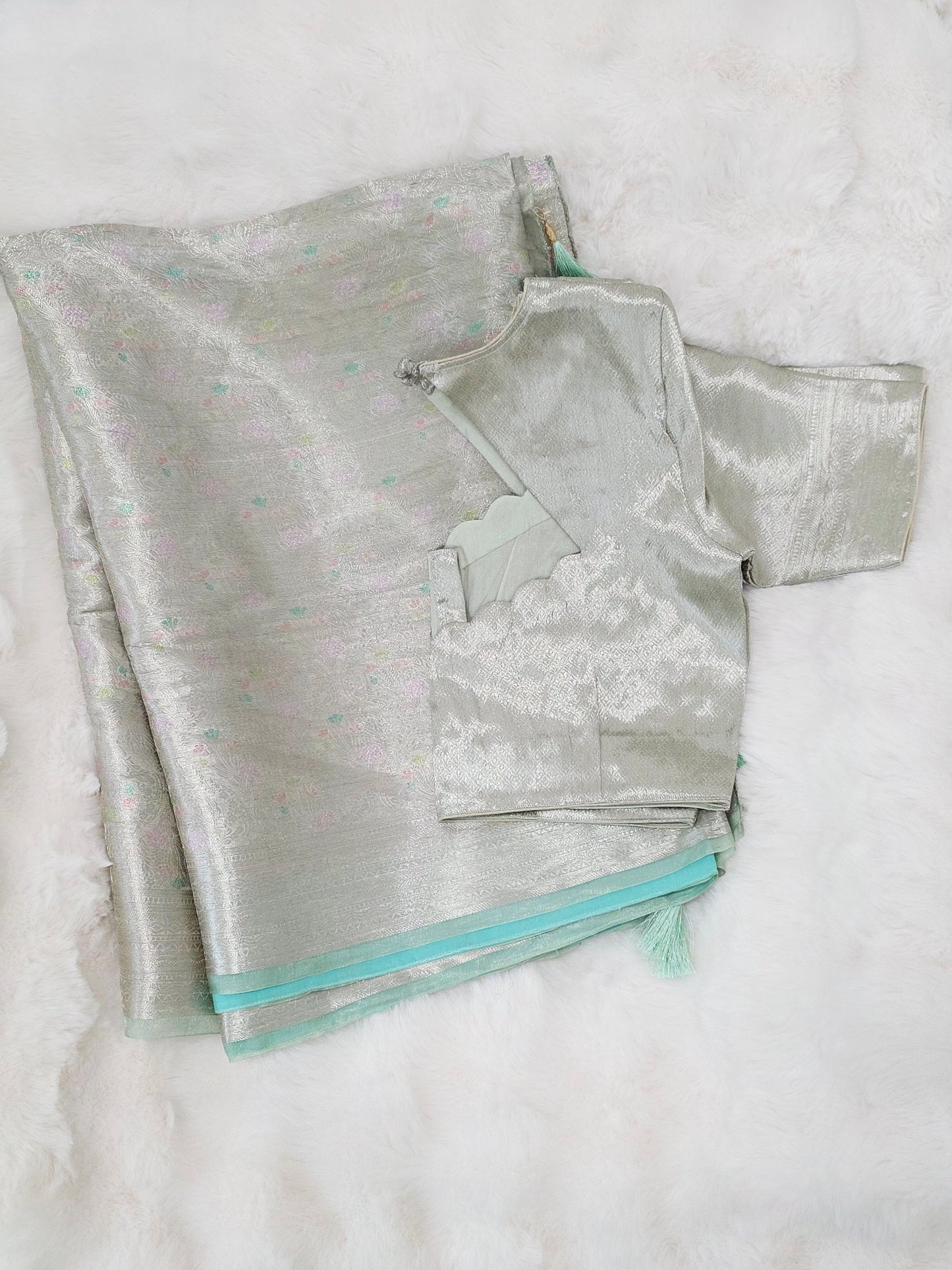 Pastel Mint Silver Benarasi Brocade Style Tissue Saree with Stitched Blouse