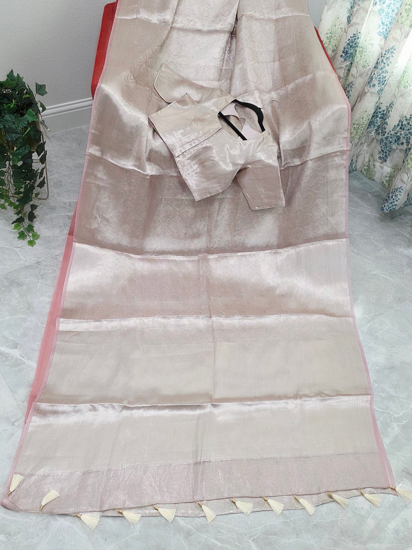Pastel Champagne Pink Benarasi Brocade Style Tissue Saree with Stitched Blouse