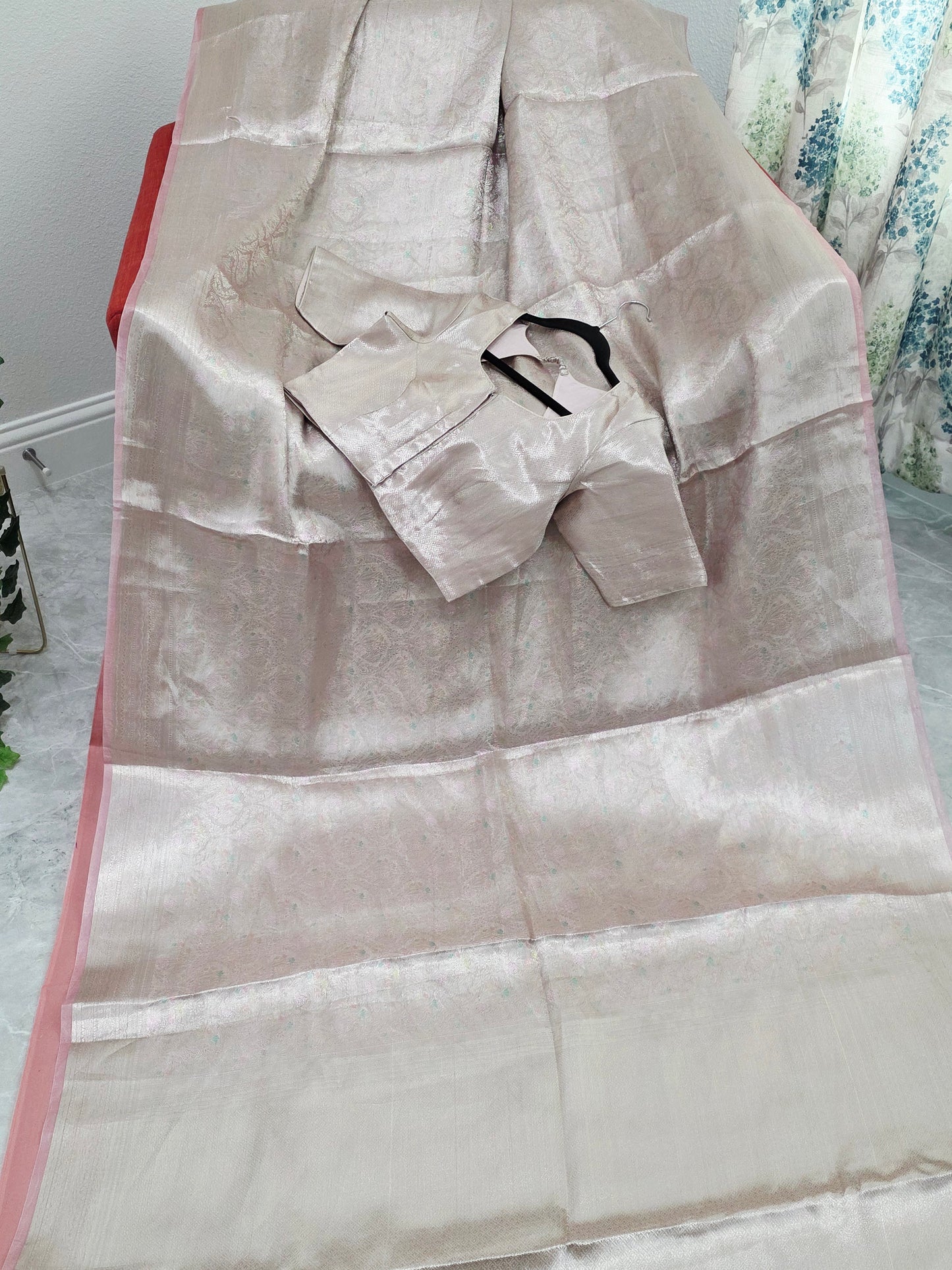 Pastel Champagne Pink Benarasi Brocade Style Tissue Saree with Stitched Blouse