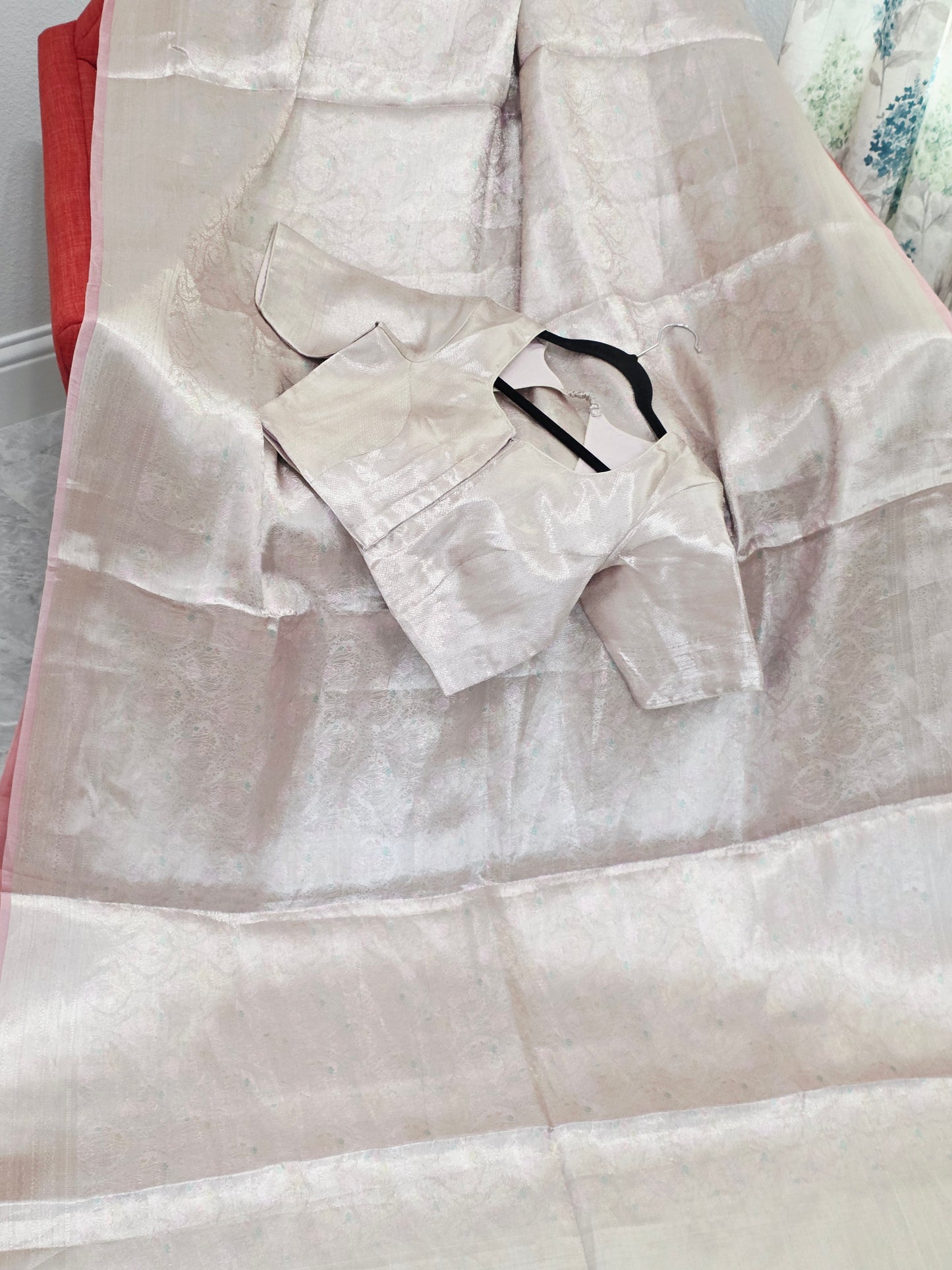 Pastel Champagne Pink Benarasi Brocade Style Tissue Saree with Stitched Blouse