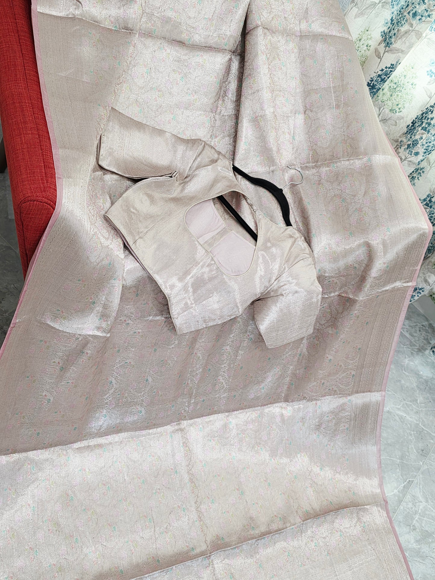 Pastel Champagne Pink Benarasi Brocade Style Tissue Saree with Stitched Blouse