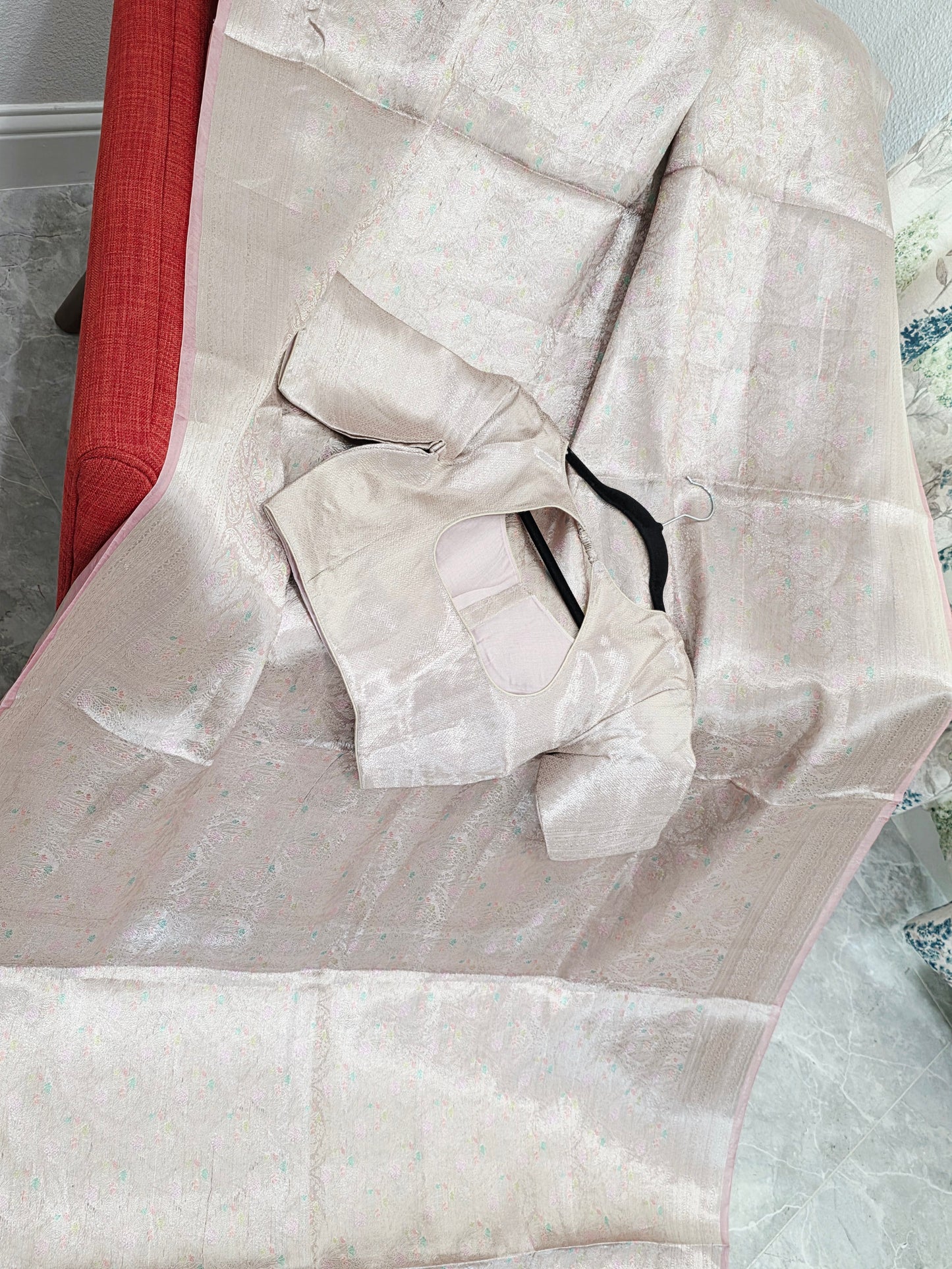 Pastel Champagne Pink Benarasi Brocade Style Tissue Saree with Stitched Blouse