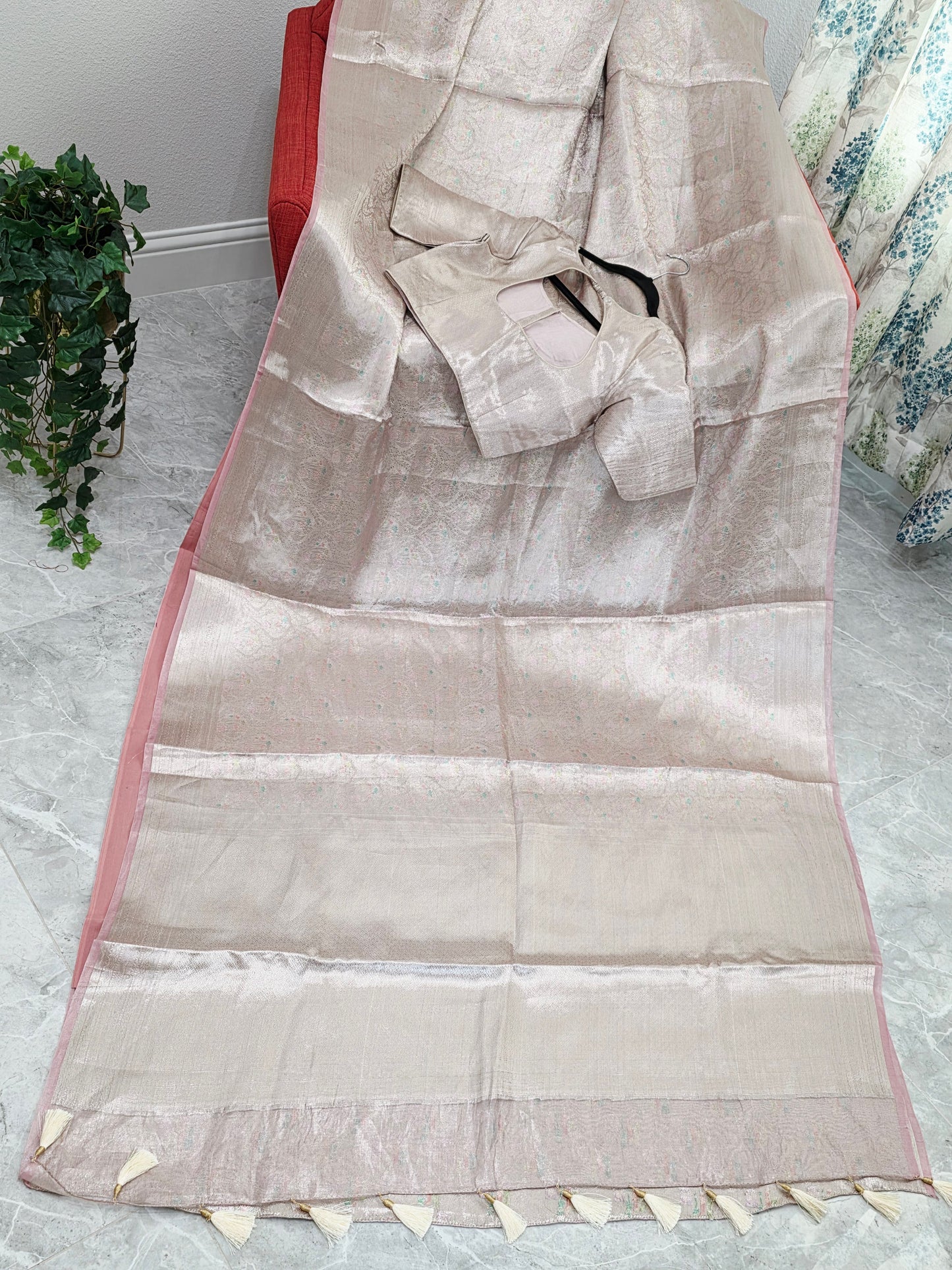 Pastel Champagne Pink Benarasi Brocade Style Tissue Saree with Stitched Blouse