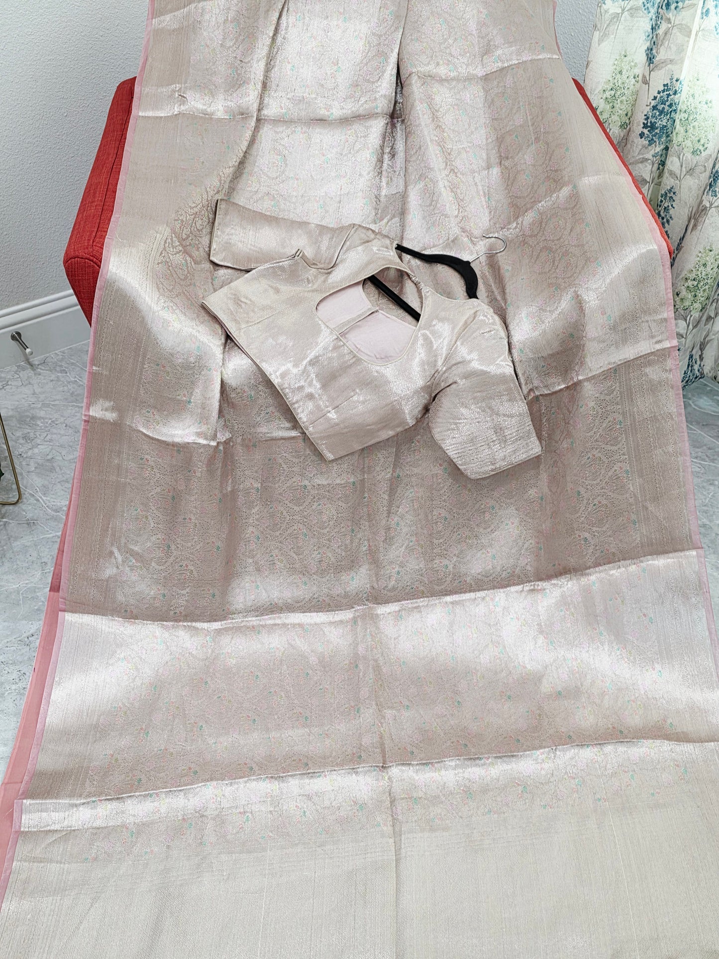 Pastel Champagne Pink Benarasi Brocade Style Tissue Saree with Stitched Blouse