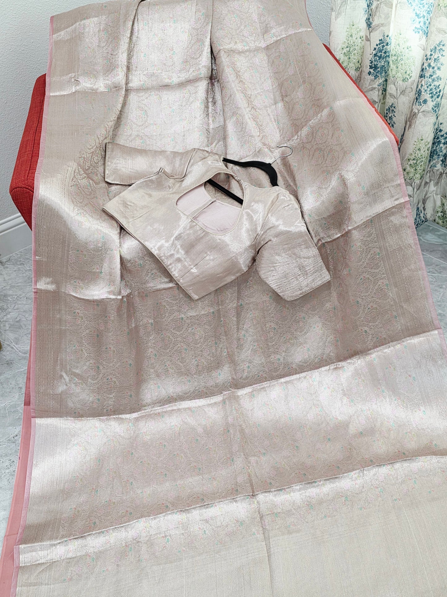 Pastel Champagne Pink Benarasi Brocade Style Tissue Saree with Stitched Blouse