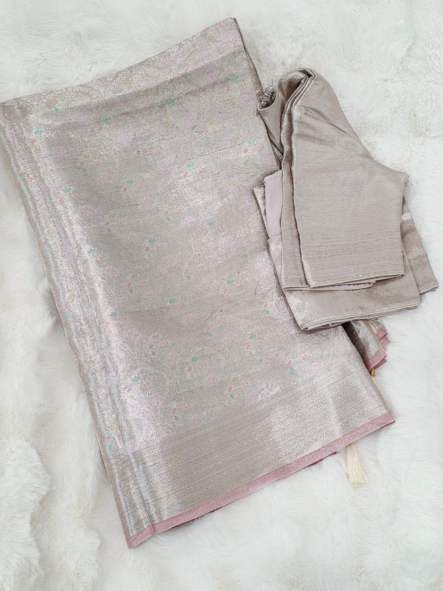 Pastel Champagne Pink Benarasi Brocade Style Tissue Saree with Stitched Blouse
