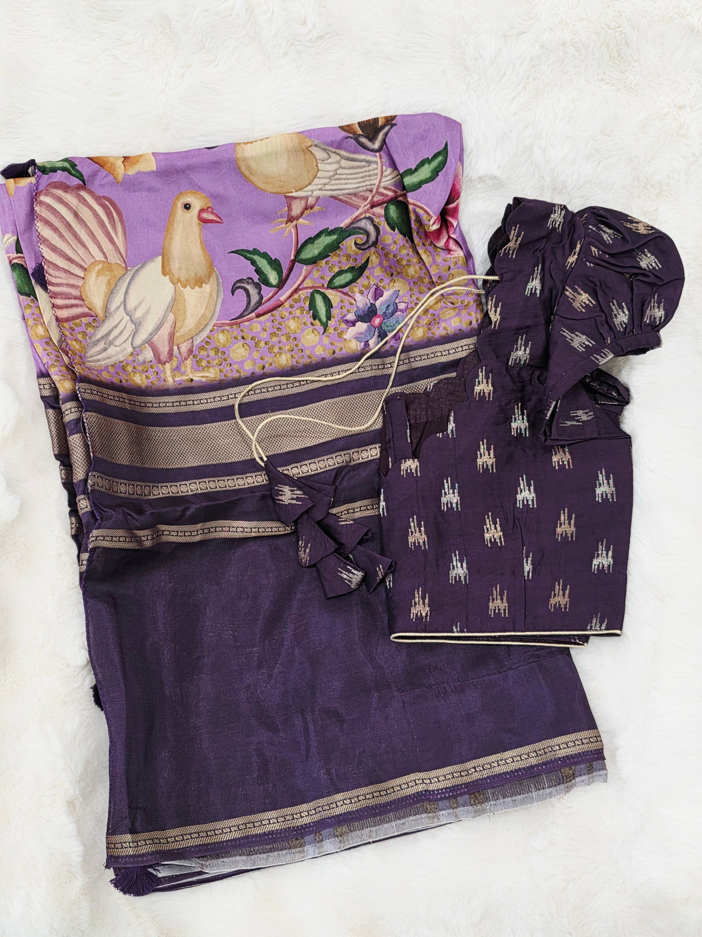 Royal Plum Lavender Floral Soft Crepe Silk Saree with Puff Sleeve Blouse