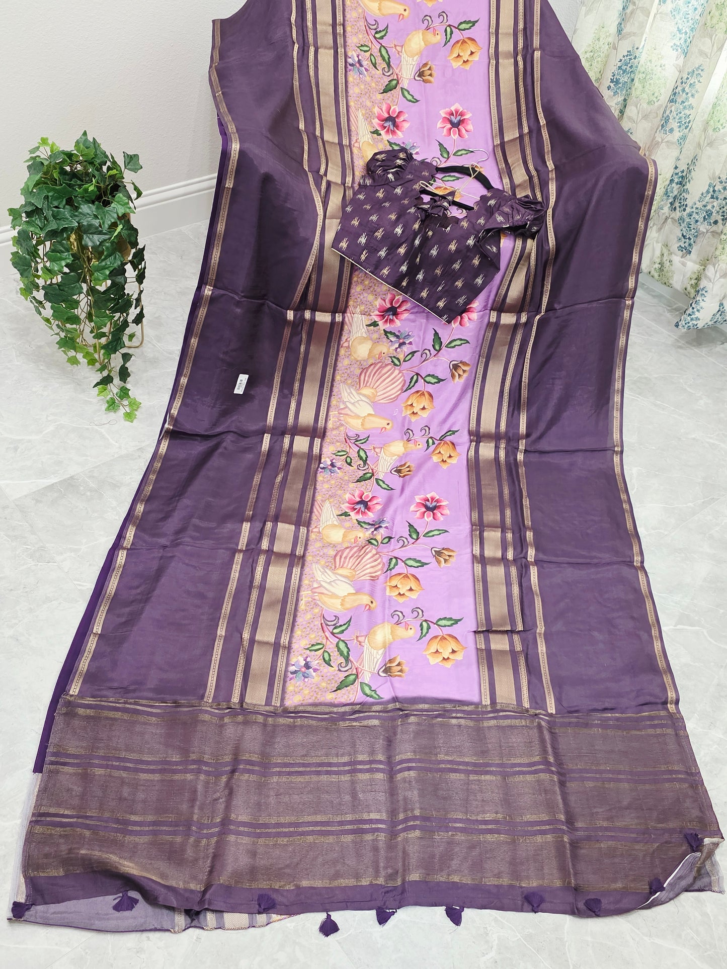 Royal Plum Lavender Floral Soft Crepe Silk Saree with Puff Sleeve Blouse
