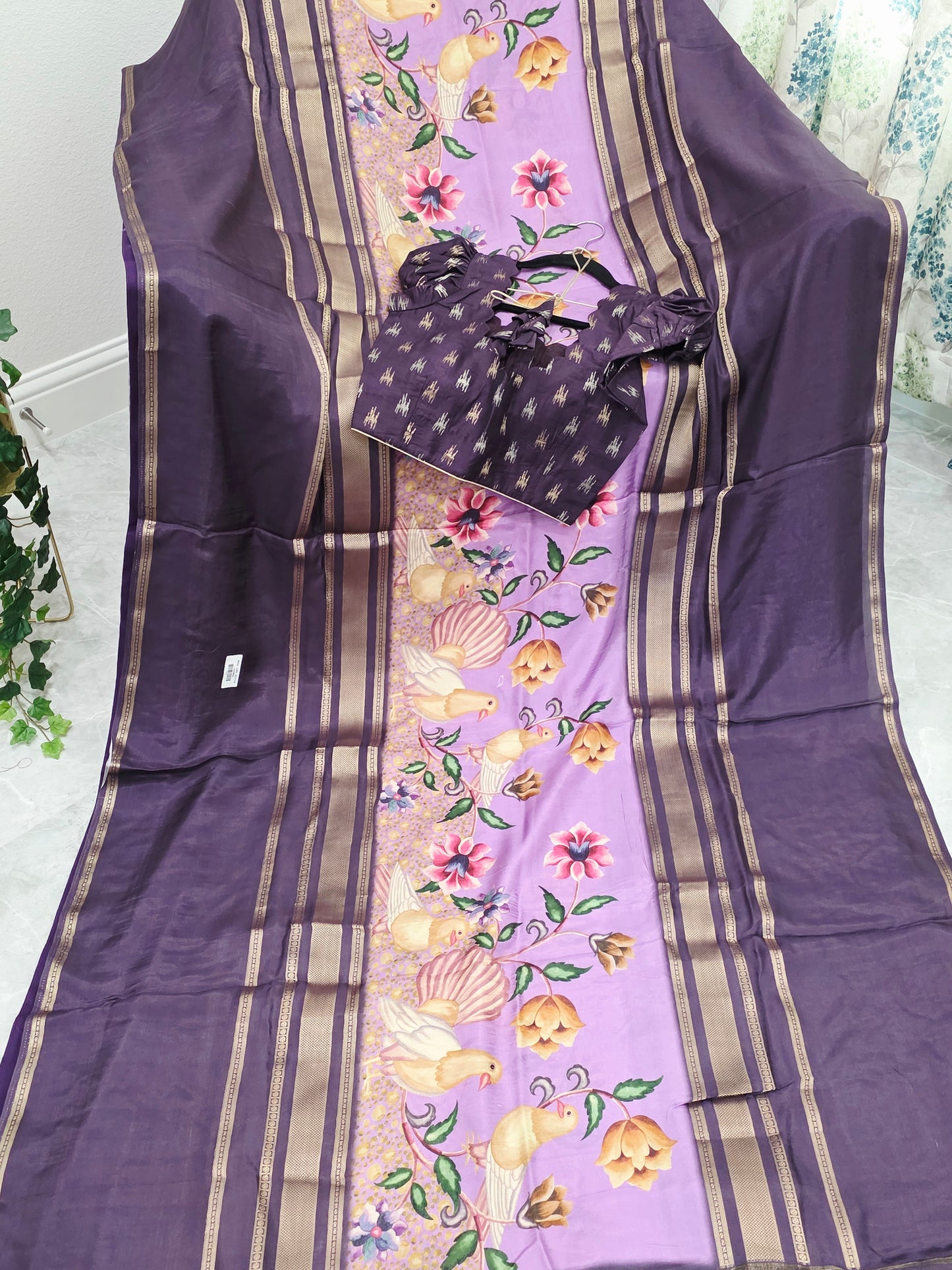 Royal Plum Lavender Floral Soft Crepe Silk Saree with Puff Sleeve Blouse