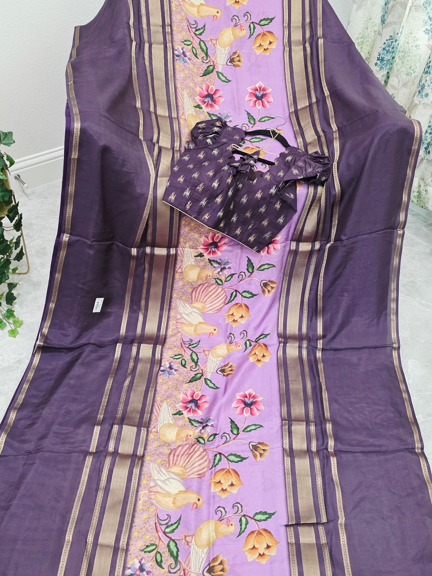 Royal Plum Lavender Floral Soft Crepe Silk Saree with Puff Sleeve Blouse