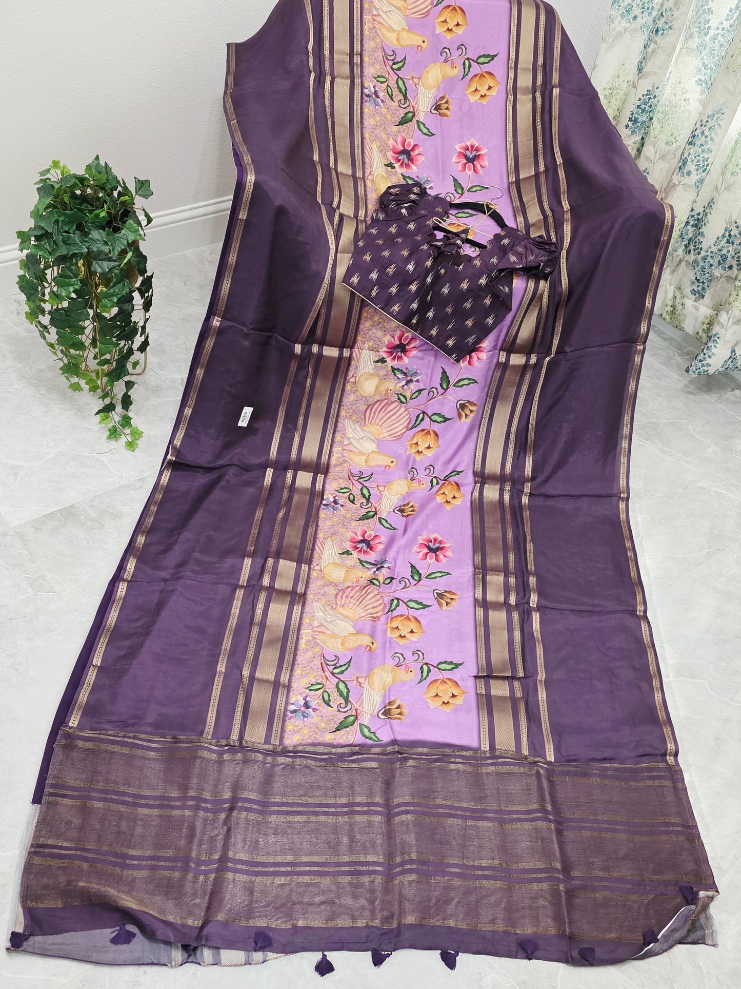 Royal Plum Lavender Floral Soft Crepe Silk Saree with Puff Sleeve Blouse