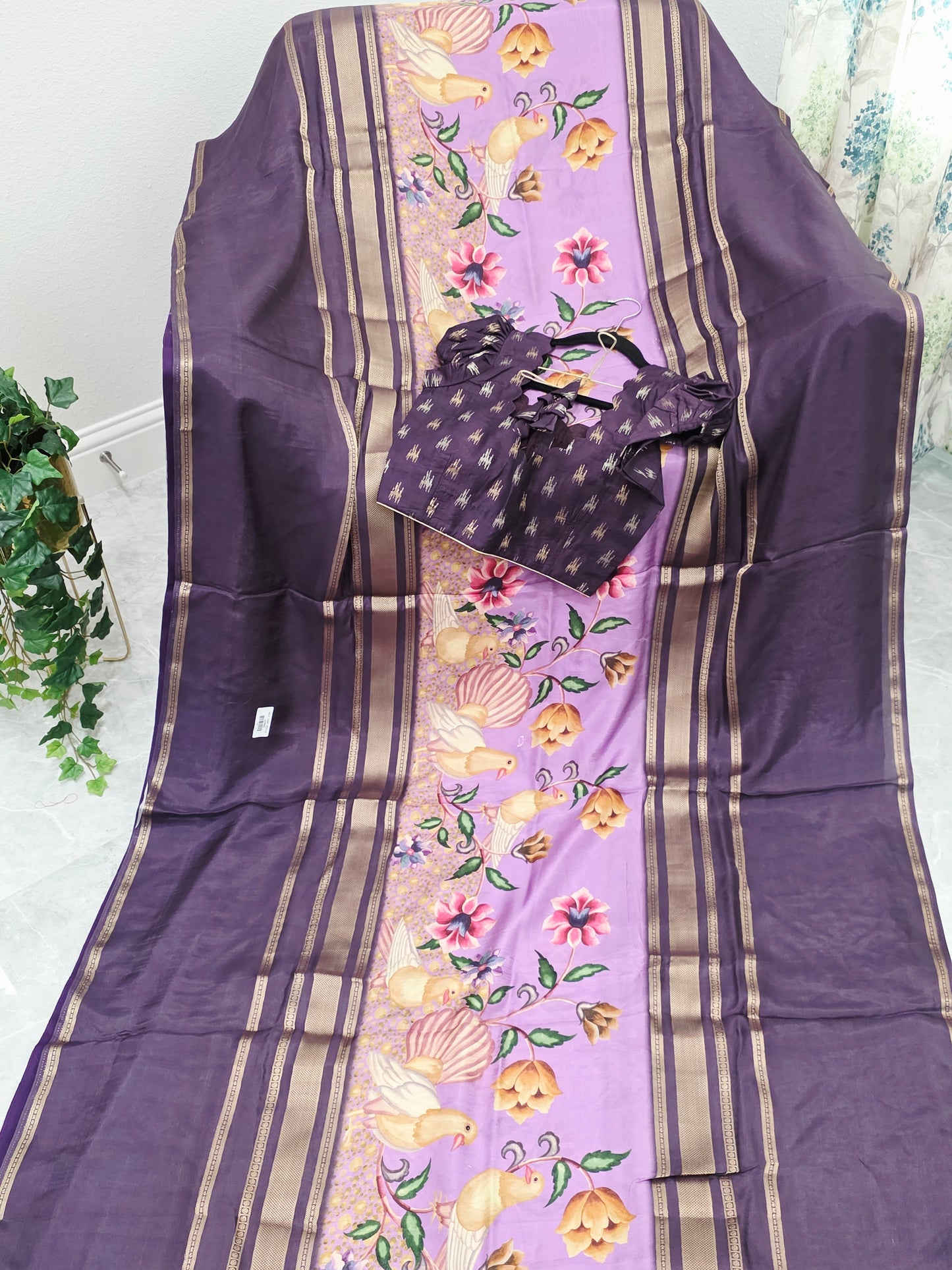 Royal Plum Lavender Floral Soft Crepe Silk Saree with Puff Sleeve Blouse