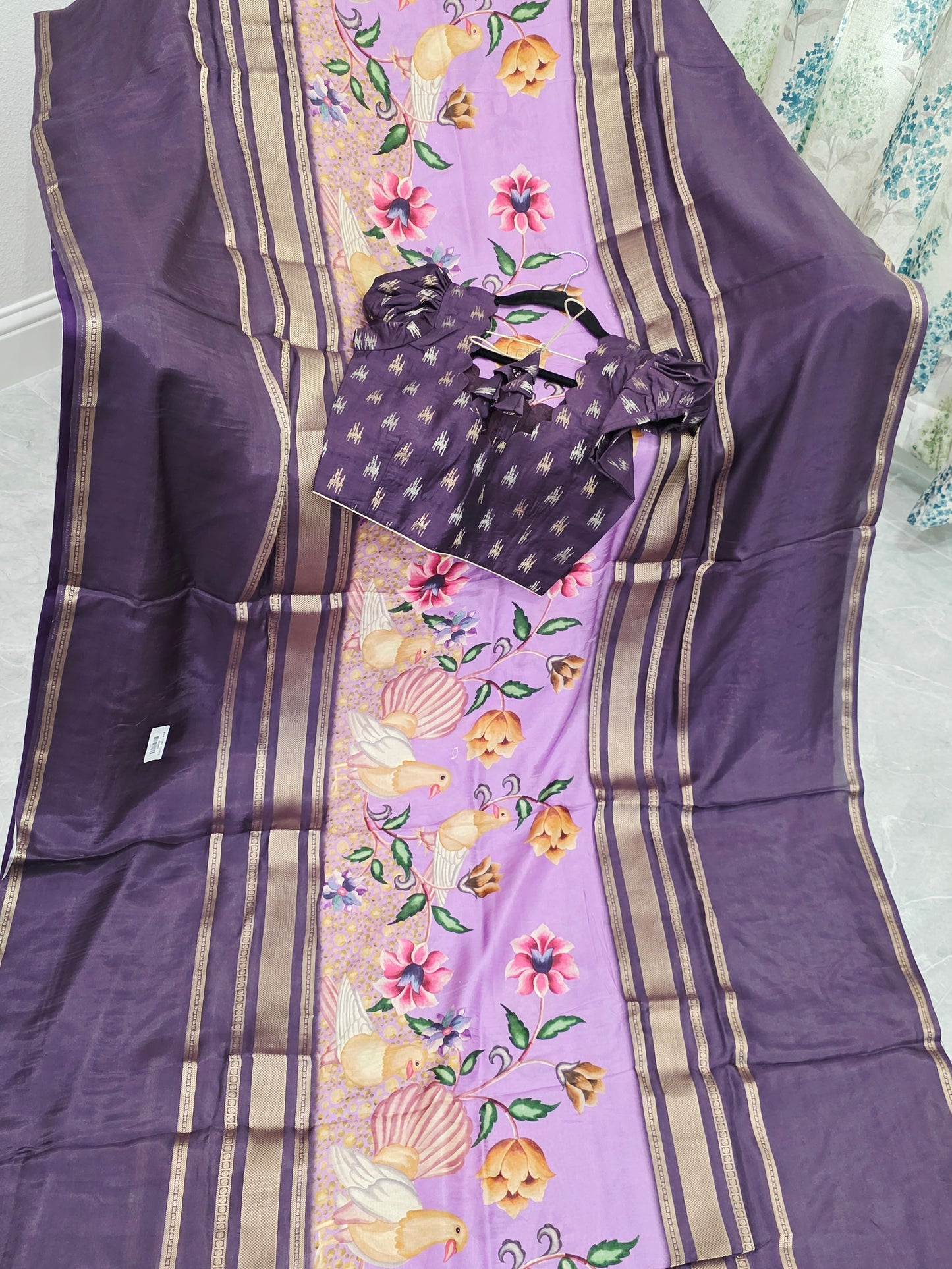 Royal Plum Lavender Floral Soft Crepe Silk Saree with Puff Sleeve Blouse