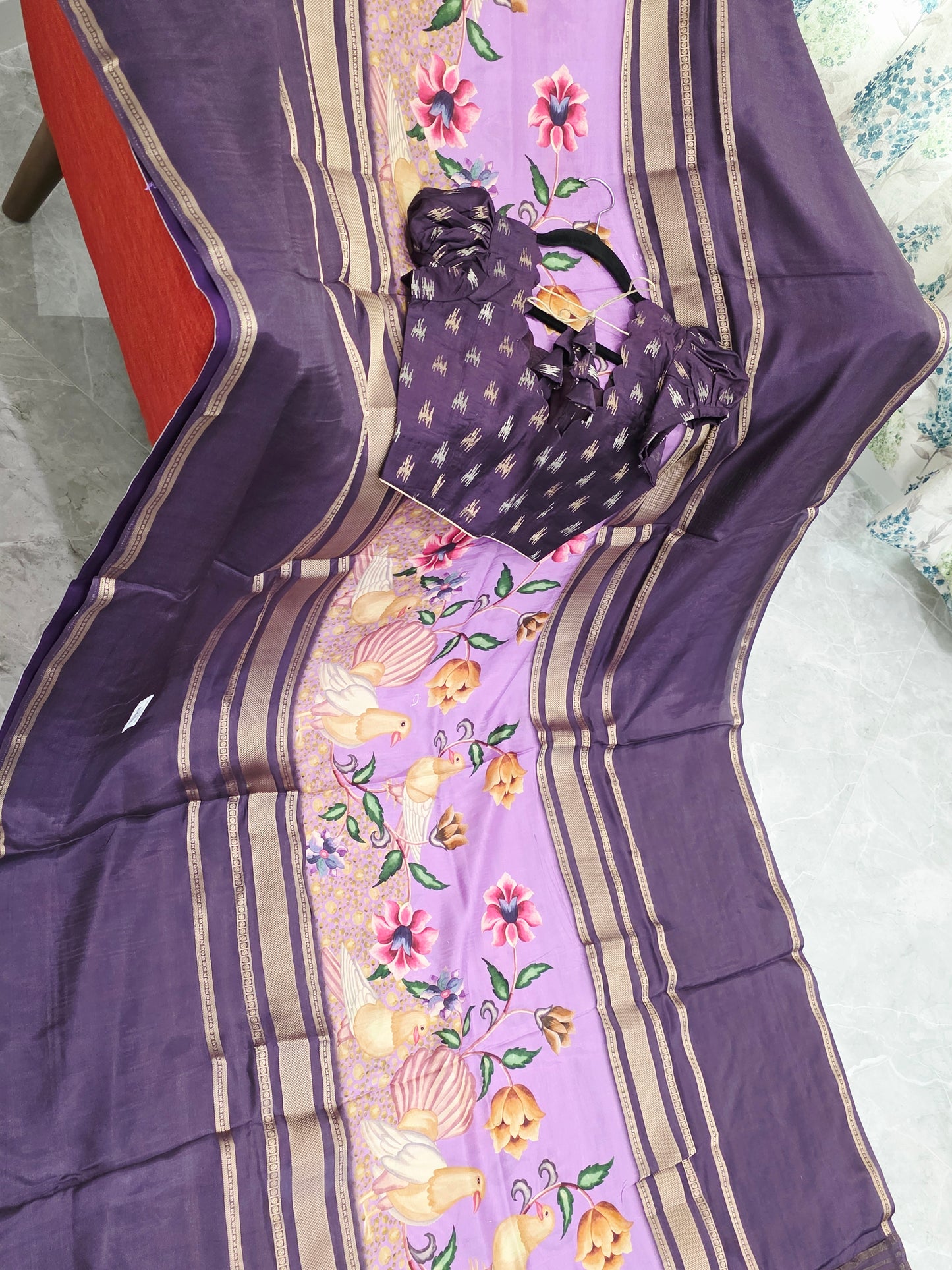 Royal Plum Lavender Floral Soft Crepe Silk Saree with Puff Sleeve Blouse