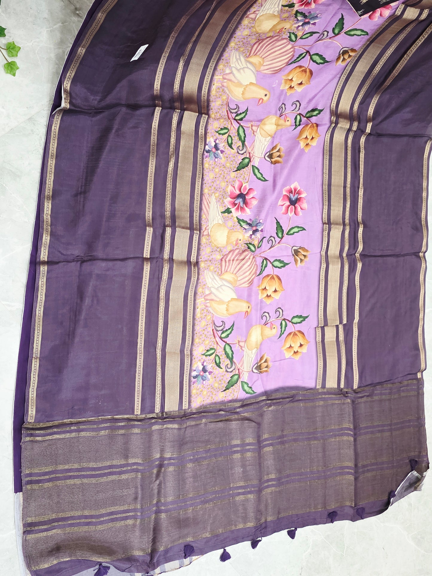 Royal Plum Lavender Floral Soft Crepe Silk Saree with Puff Sleeve Blouse